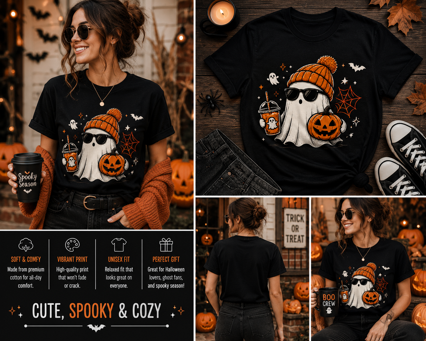 Cute Ghost Halloween T-Shirt – Spooky Pumpkin Ghost Graphic Tee for Women