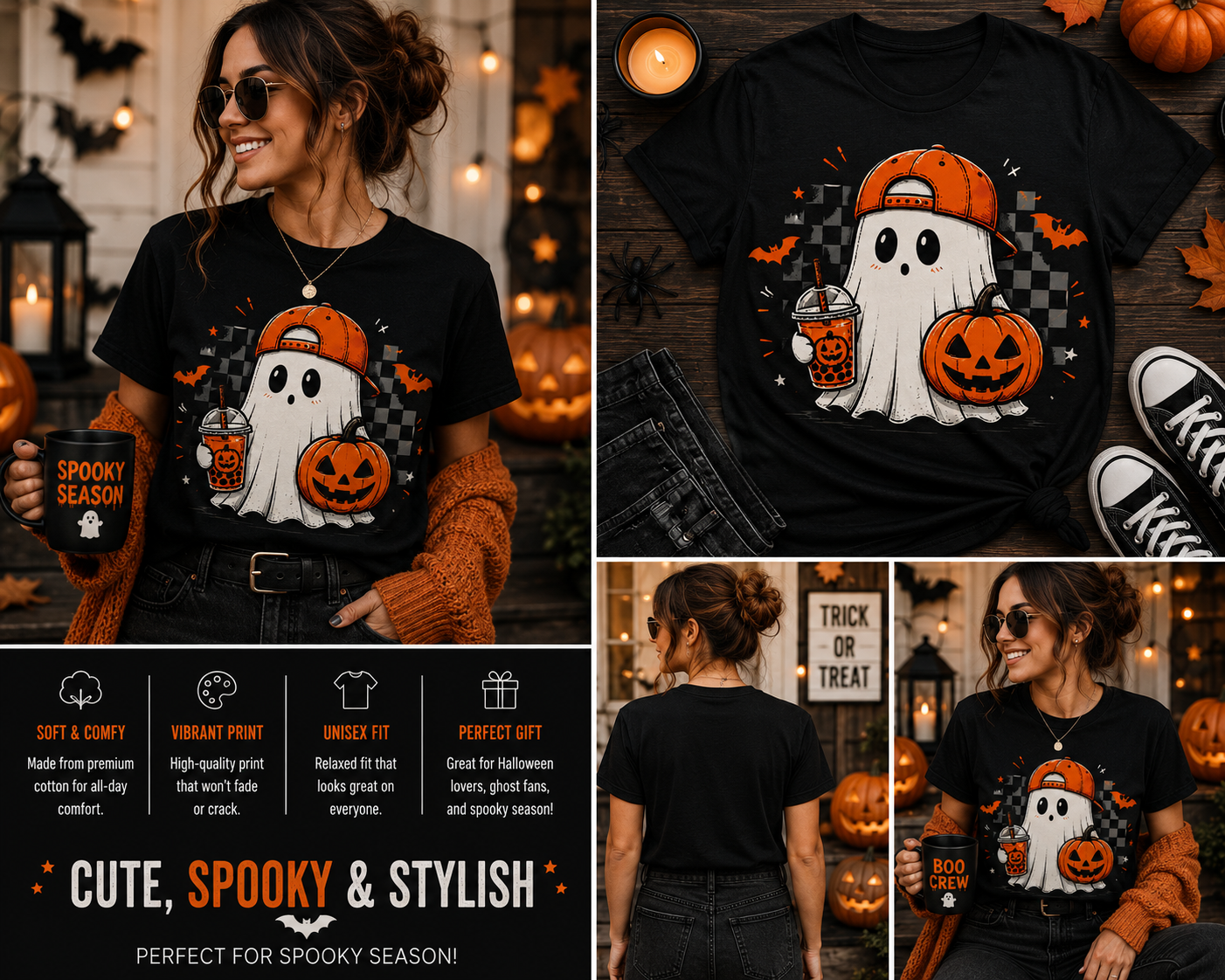 Cute Ghost Halloween T-Shirt – Kawaii Pumpkin Ghost Graphic Tee for Fall