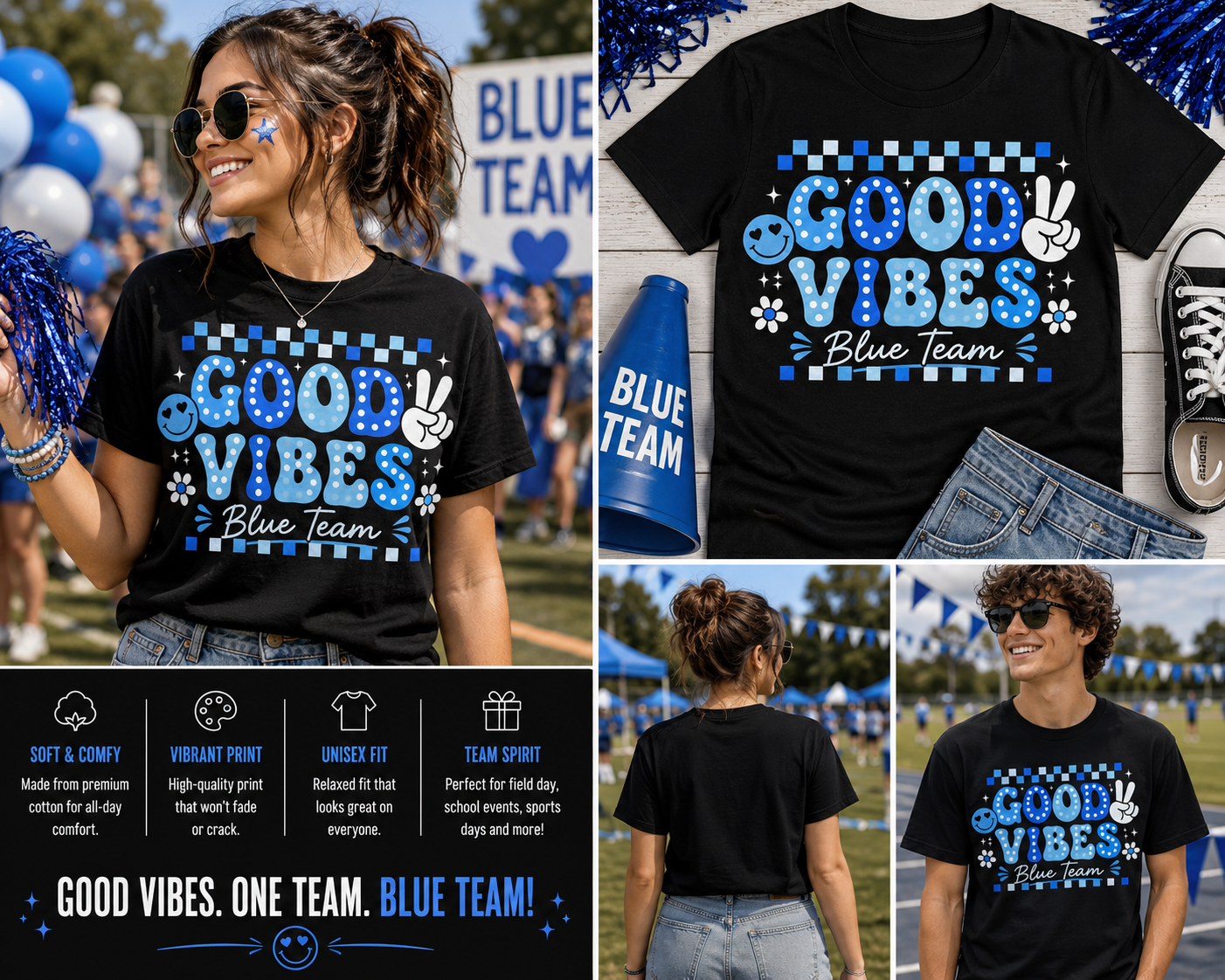 Good Vibes Blue Team Field Day Shirt – School Sports Day Matching Tee