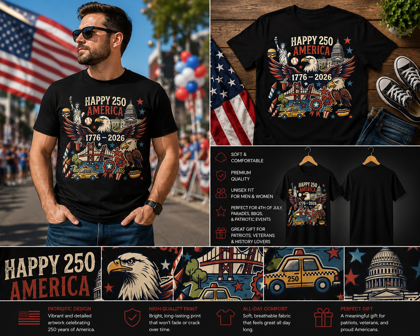Happy 250 America 1776–2026 T-Shirt – USA 250th Anniversary Patriotic Celebration Tee, Independence Day Shirt, Semiquincentennial Gift