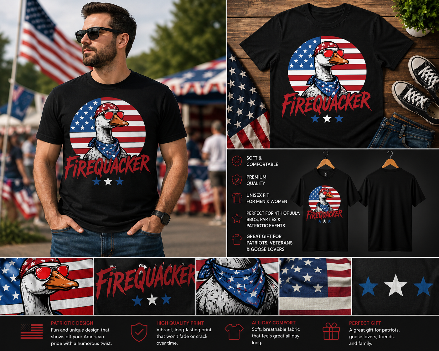 Firequacker Goose 4th of July T-Shirt – Funny Patriotic Goose Shirt, Red White Blue America Tee, Independence Day Party Outfit
