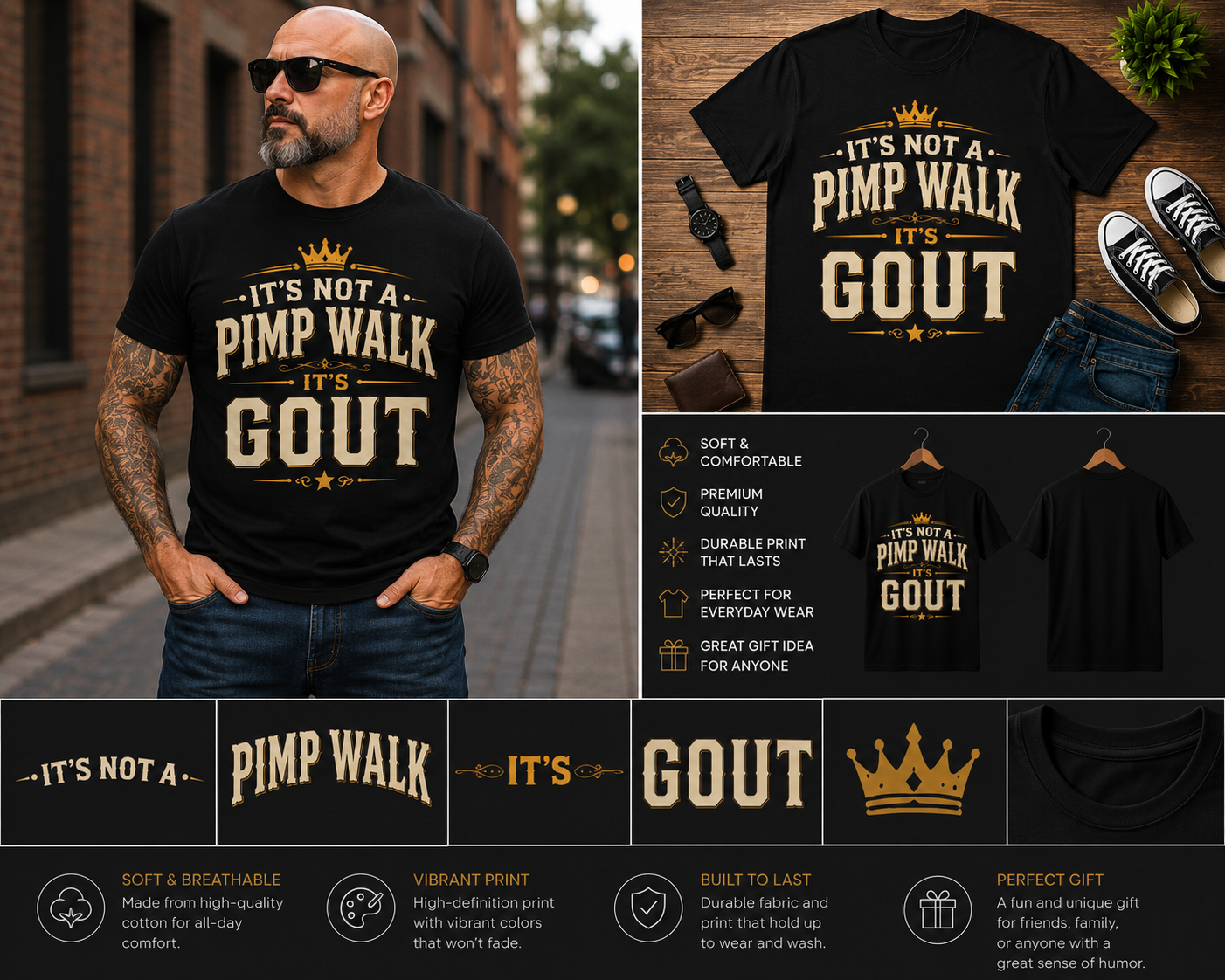 It's Not a Pimp Walk It's Gout Funny Vintage T-Shirt | Gout Humor Graphic Tee for Men & Women
