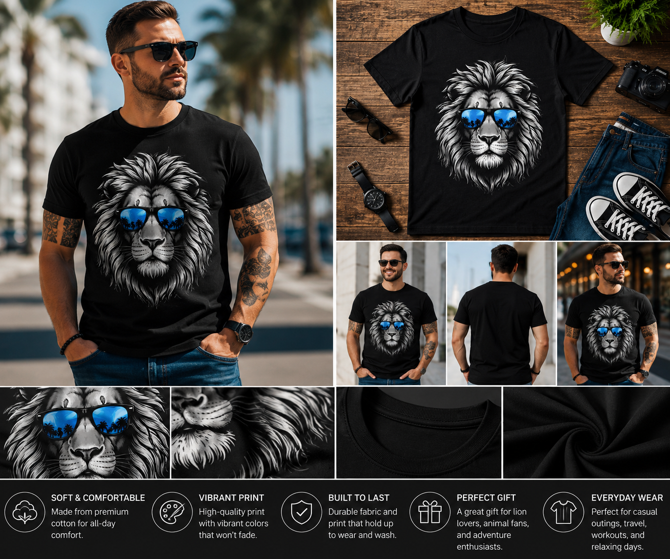 Cool Lion with Sunglasses T-Shirt | Stylish Lion Graphic Tee for Men, Women & Animal Lovers