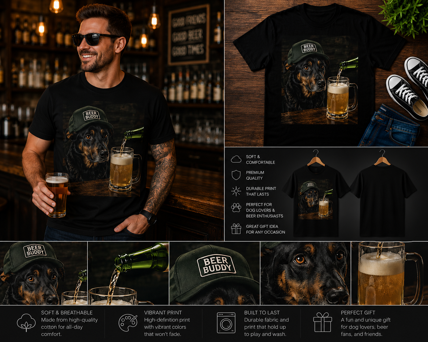 Funny Beer Buddy Dog T-Shirt – Dog Drinking Beer Graphic Tee | Humorous Dog Lover & Beer Enthusiast Gift Shirt