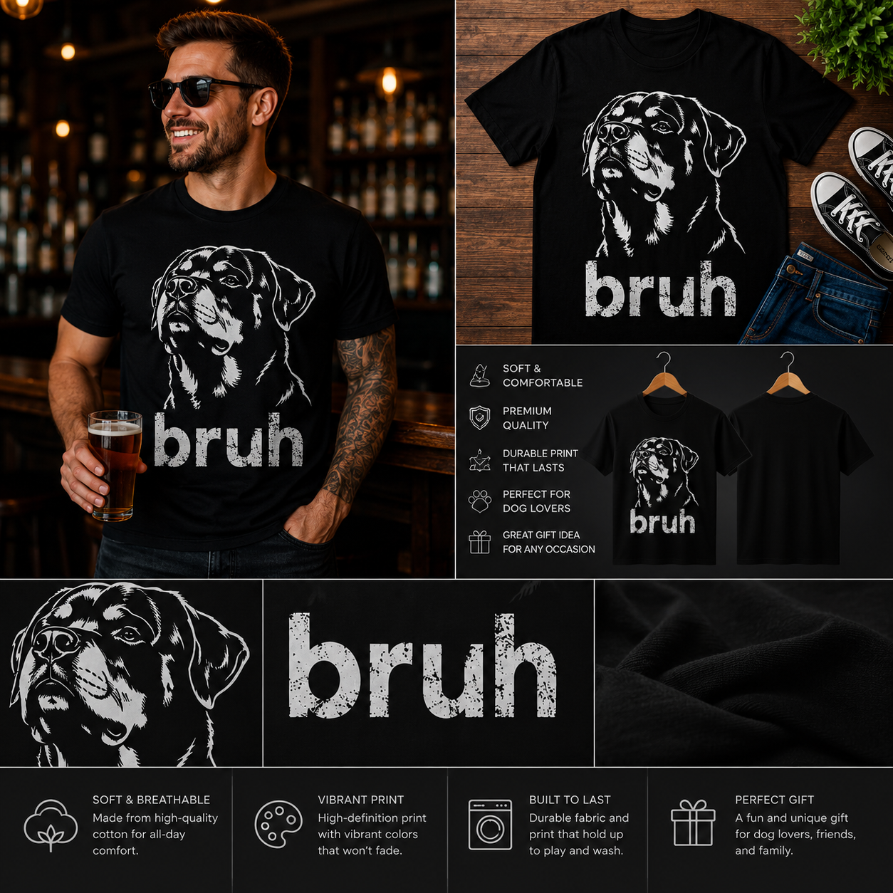 Bruh Rottweiler Dog T-Shirt – Funny Rottweiler Graphic Tee for Dog Lovers | Minimalist Dog Lover Gift Shirt