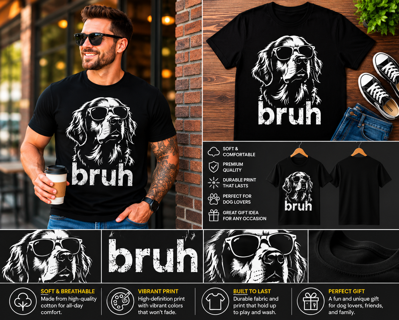 Bruh Golden Retriever Sunglasses T-Shirt – Funny Golden Retriever Meme Dog Graphic Tee | Dog Lover Gift Shirt