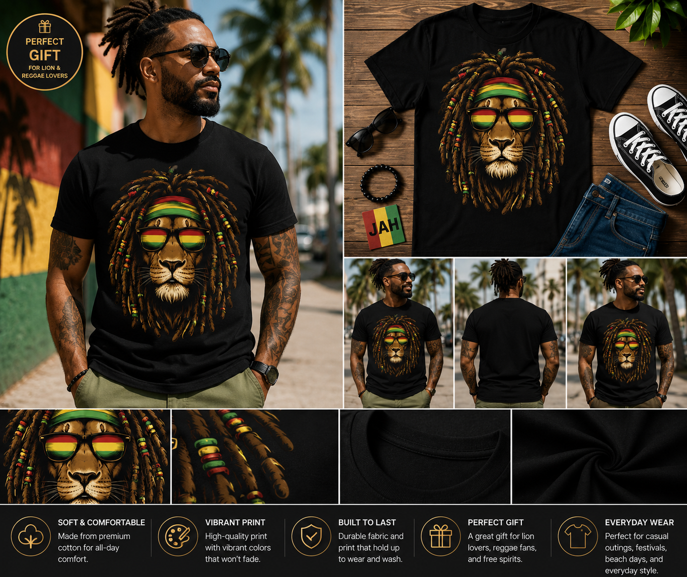 Rasta Lion with Dreadlocks T-Shirt | Cool Reggae Lion Graphic Tee for Men & Women