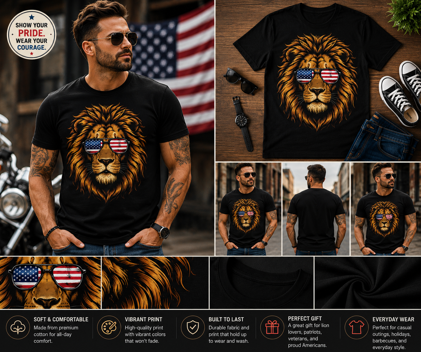 Patriotic Lion with American Flag Sunglasses T-Shirt | USA Lion Graphic Tee for Men & Women