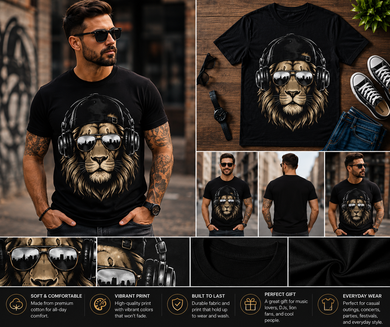 Cool DJ Lion T-Shirt | Lion with Headphones and Sunglasses Graphic Tee for Music Lovers