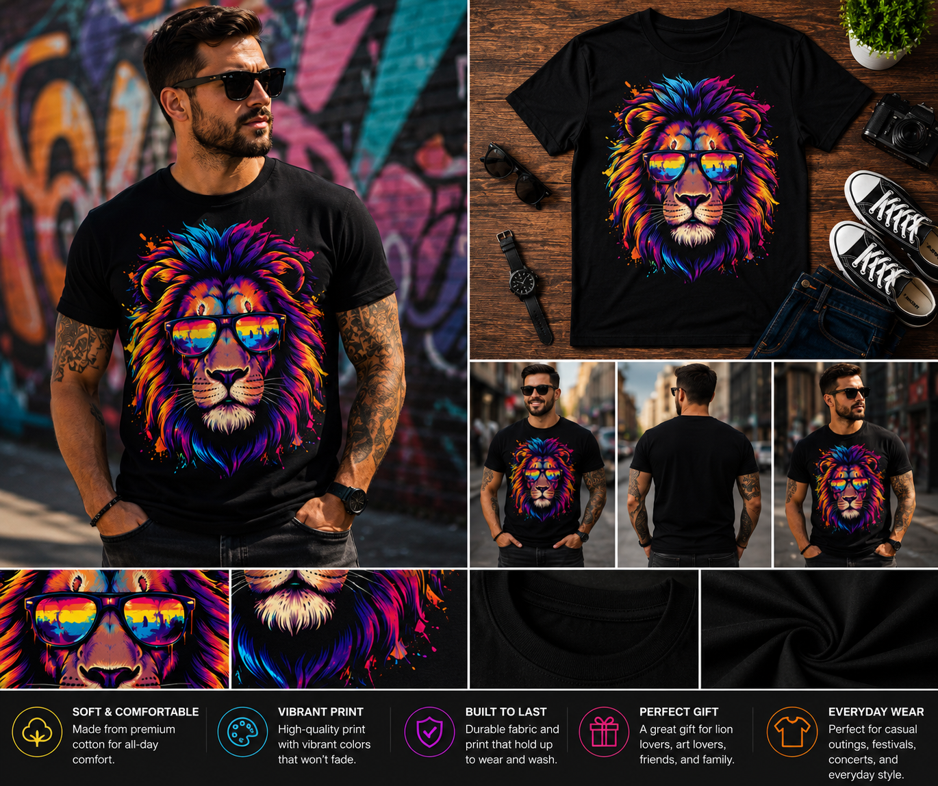 Colorful Neon Lion with Sunglasses T-Shirt | Vibrant Lion Graphic Tee for Men & Women