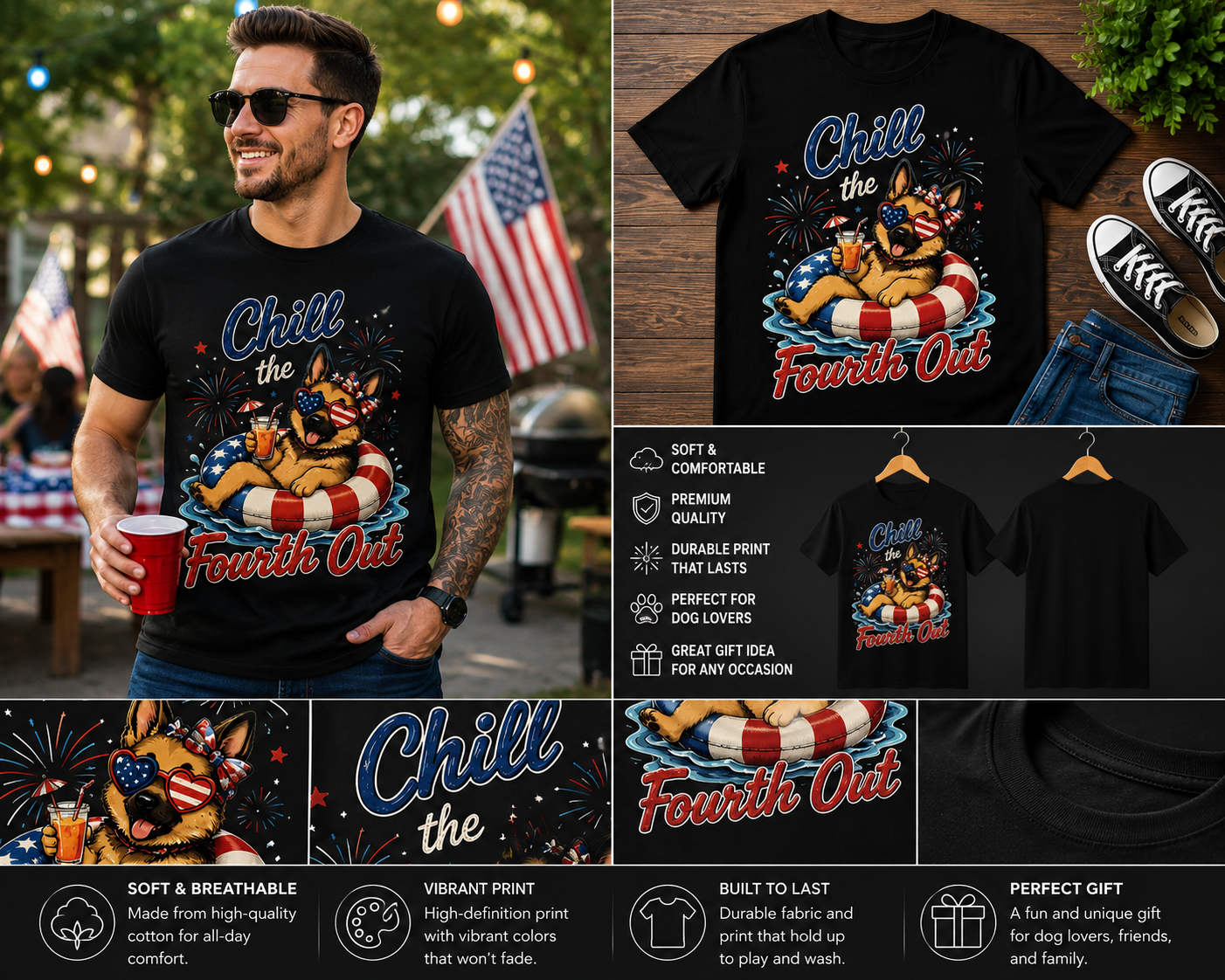 Chill The Fourth Out German Shepherd T-Shirt – Funny 4th of July Dog Lover Patriotic Tee | Independence Day Puppy Shirt