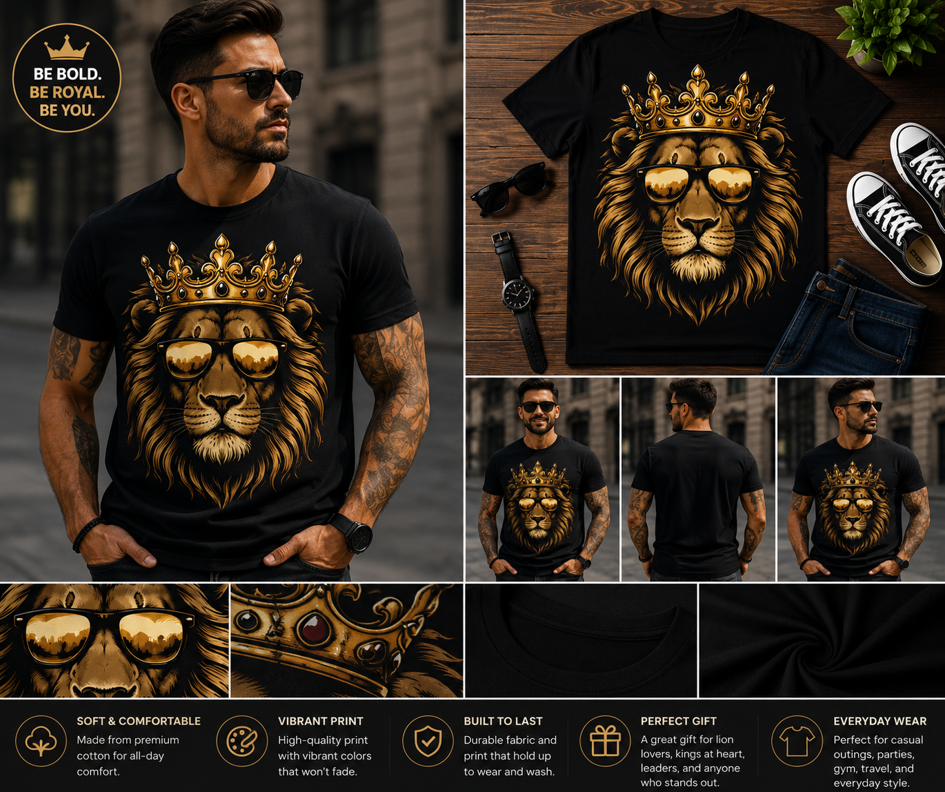King Lion with Crown and Sunglasses T-Shirt | Royal Lion Graphic Tee for Men & Women