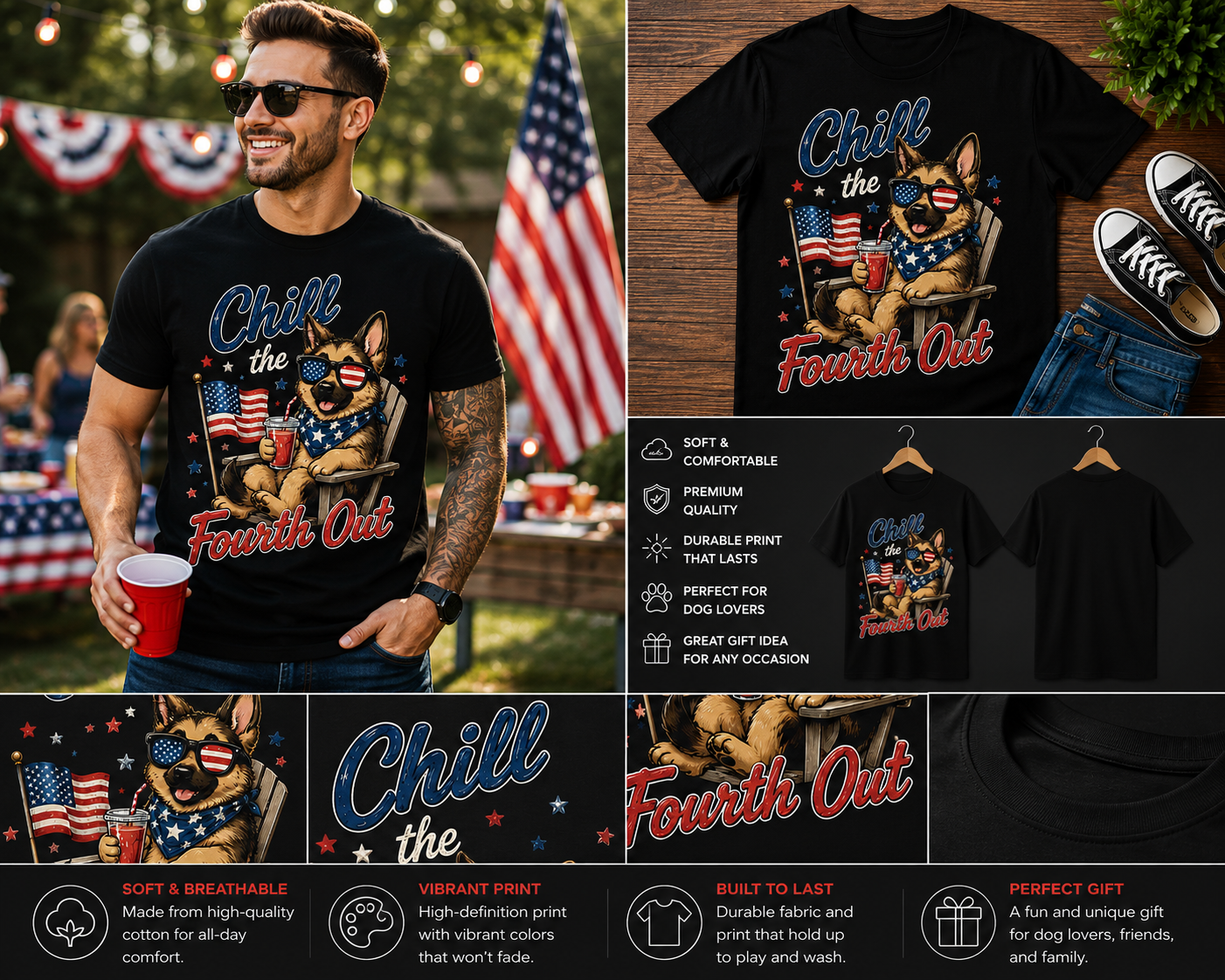 Chill The Fourth Out German Shepherd T-Shirt – Funny Patriotic Dog Lover Tee | 4th of July Independence Day Shirt