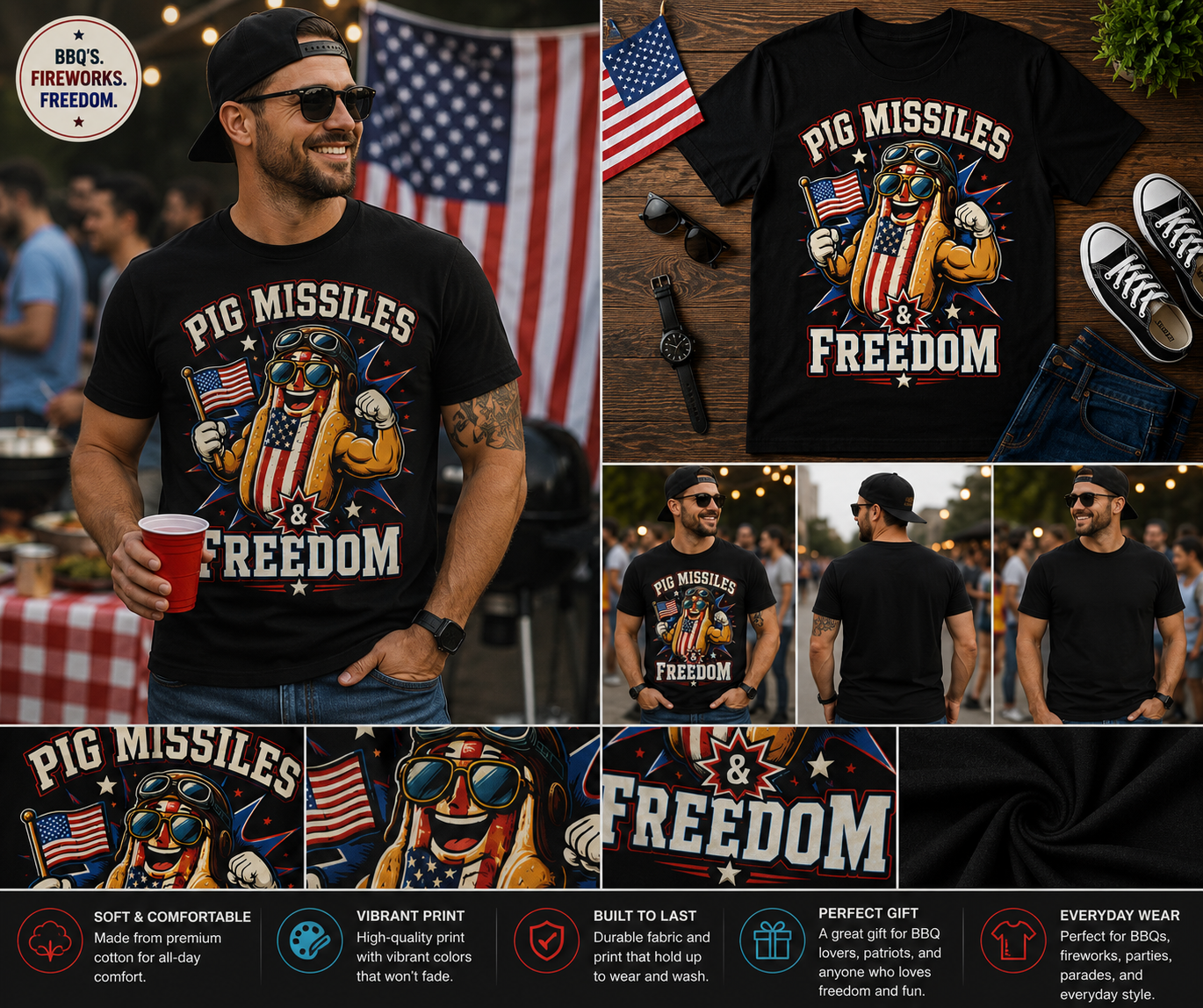 Pig Missiles & Freedom Patriotic Hot Dog T-Shirt | Funny 4th of July USA Graphic Tee