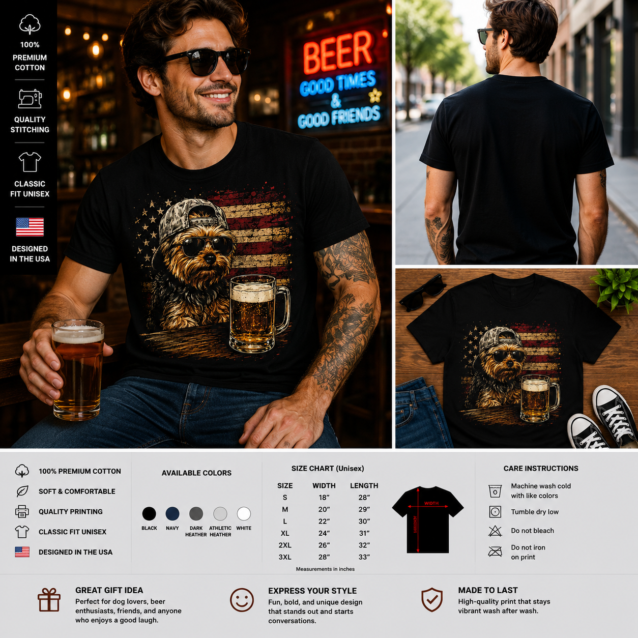 Patriotic Yorkie Beer Lover T-Shirt – Funny USA Dog Drinking Beer Graphic Tee