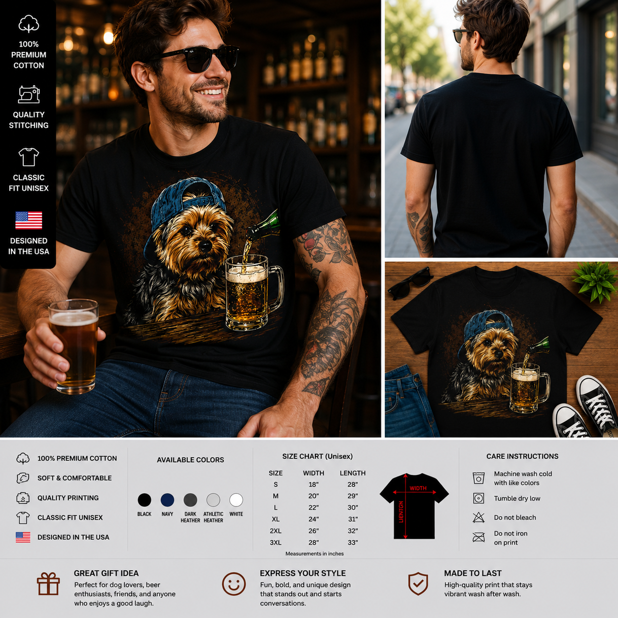 Yorkie Beer Buddy Funny Dog Lover T-Shirt – Cool Drinking Dog Graphic Tee for Men & Women