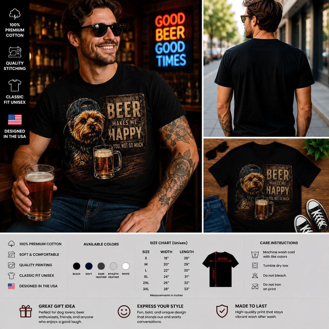 Beer Makes Me Happy Funny Yorkie T-Shirt – Cool Dog Lover Beer Graphic Tee for Men & Women