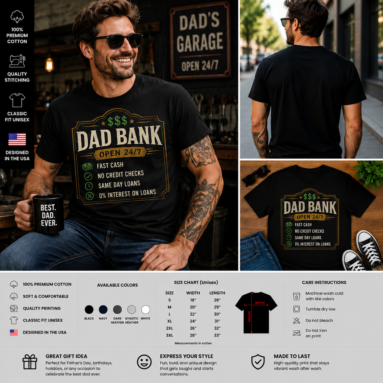 Dad Bank Open 24/7 Funny Father’s Day T-Shirt – Fast Cash No Credit Checks Graphic Tee for Dads