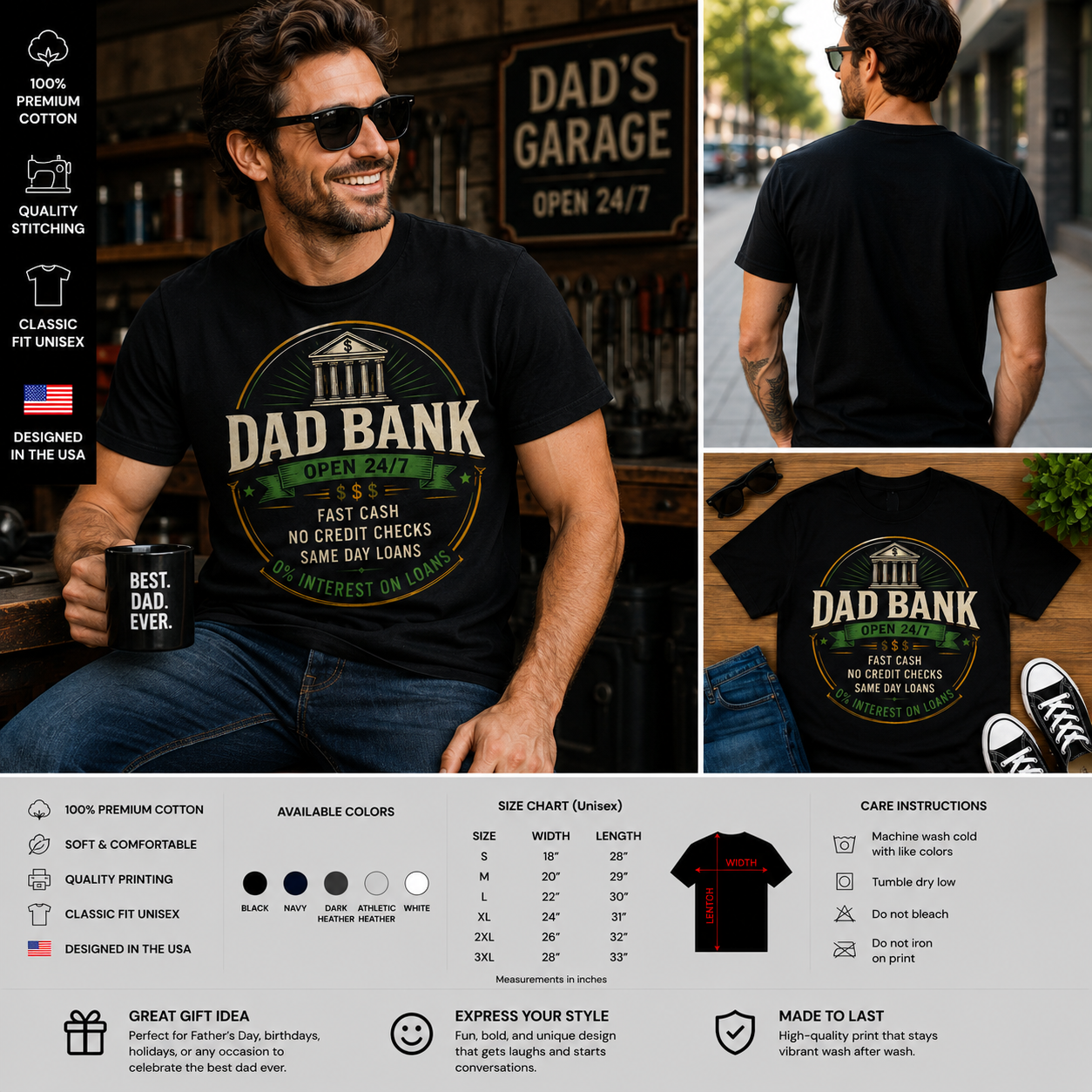 Dad Bank Open 24/7 Funny Father’s Day T-Shirt – Fast Cash No Credit Checks Novelty Dad Tee