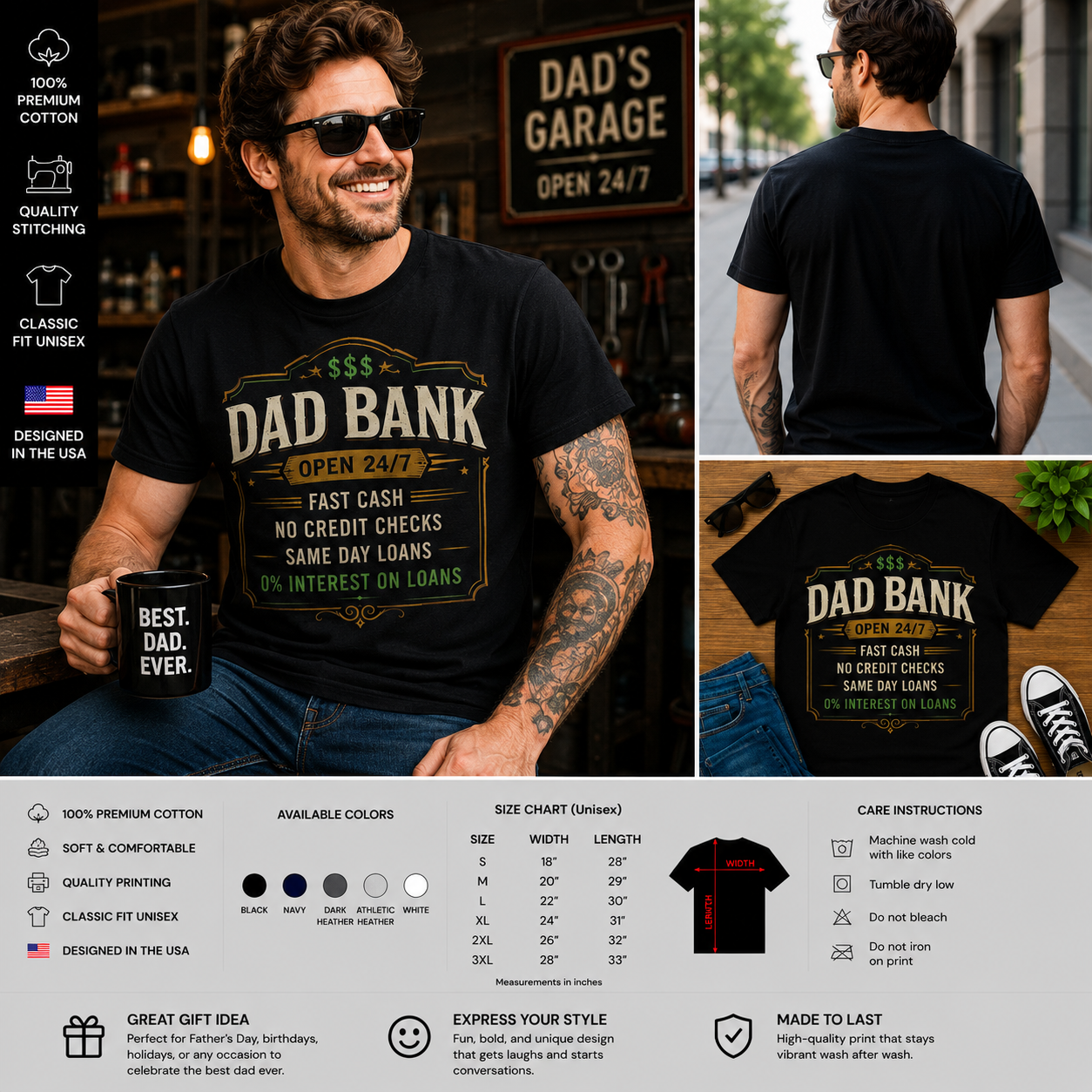 Dad Bank Open 24/7 Funny Dad T-Shirt – Fast Cash No Credit Checks Father’s Day Graphic Tee
