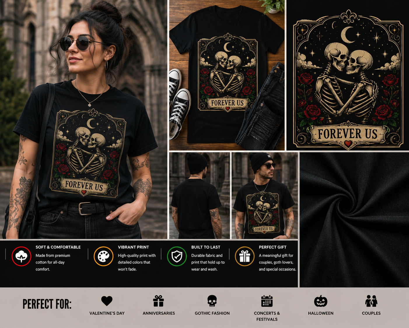 Forever Us Gothic Skeleton Lovers T-Shirt – Romantic Tarot Card Style Skull Graphic Tee