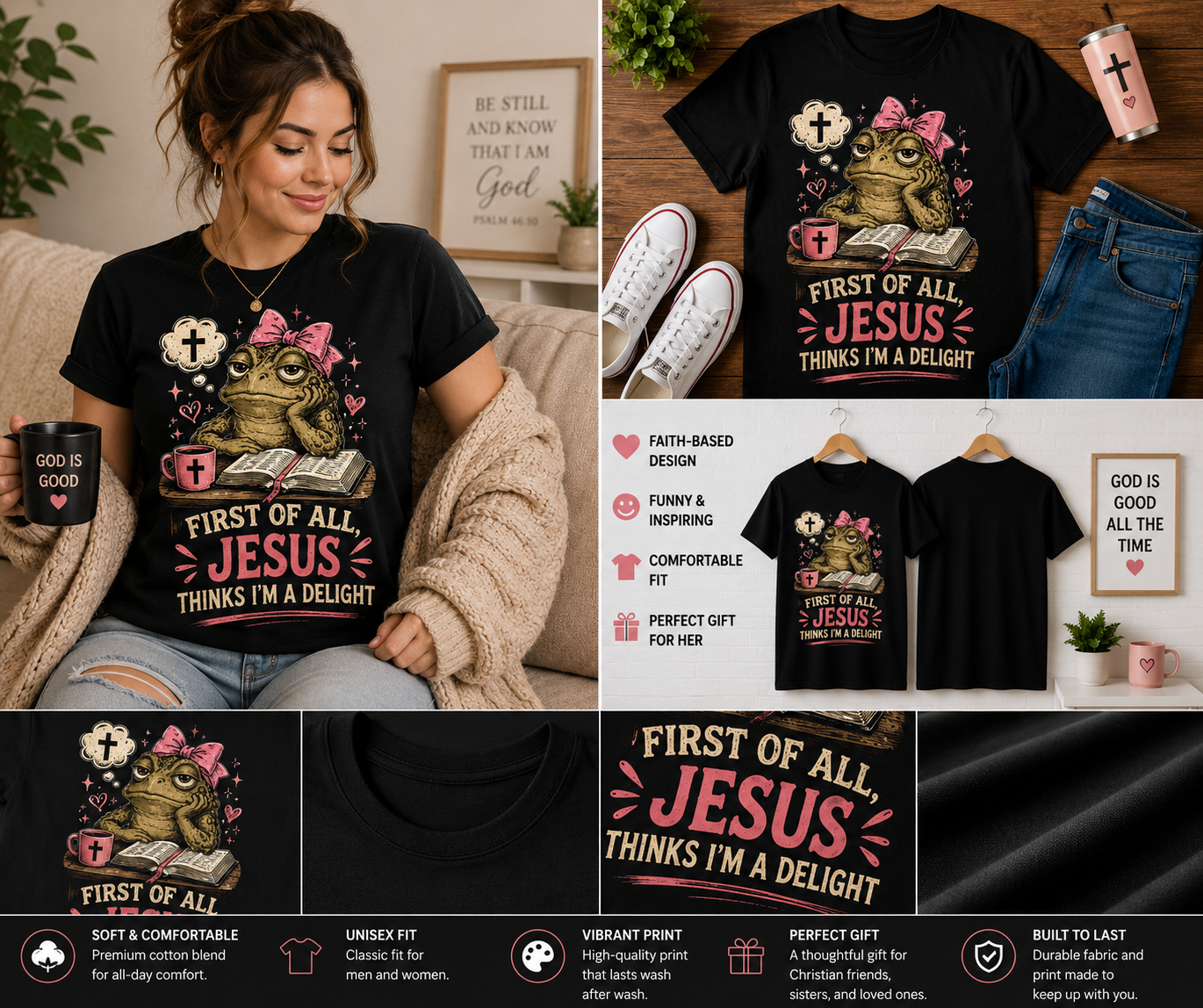 First of All Jesus Thinks I’m a Delight Christian Frog T-Shirt | Cute Bible Study Frog Graphic Tee for Women