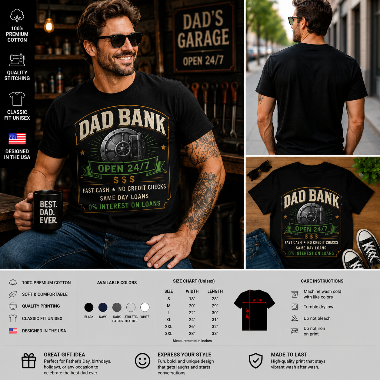 Dad Bank Open 24/7 Funny Father’s Day T-Shirt – Fast Cash No Credit Checks Novelty Dad Tee