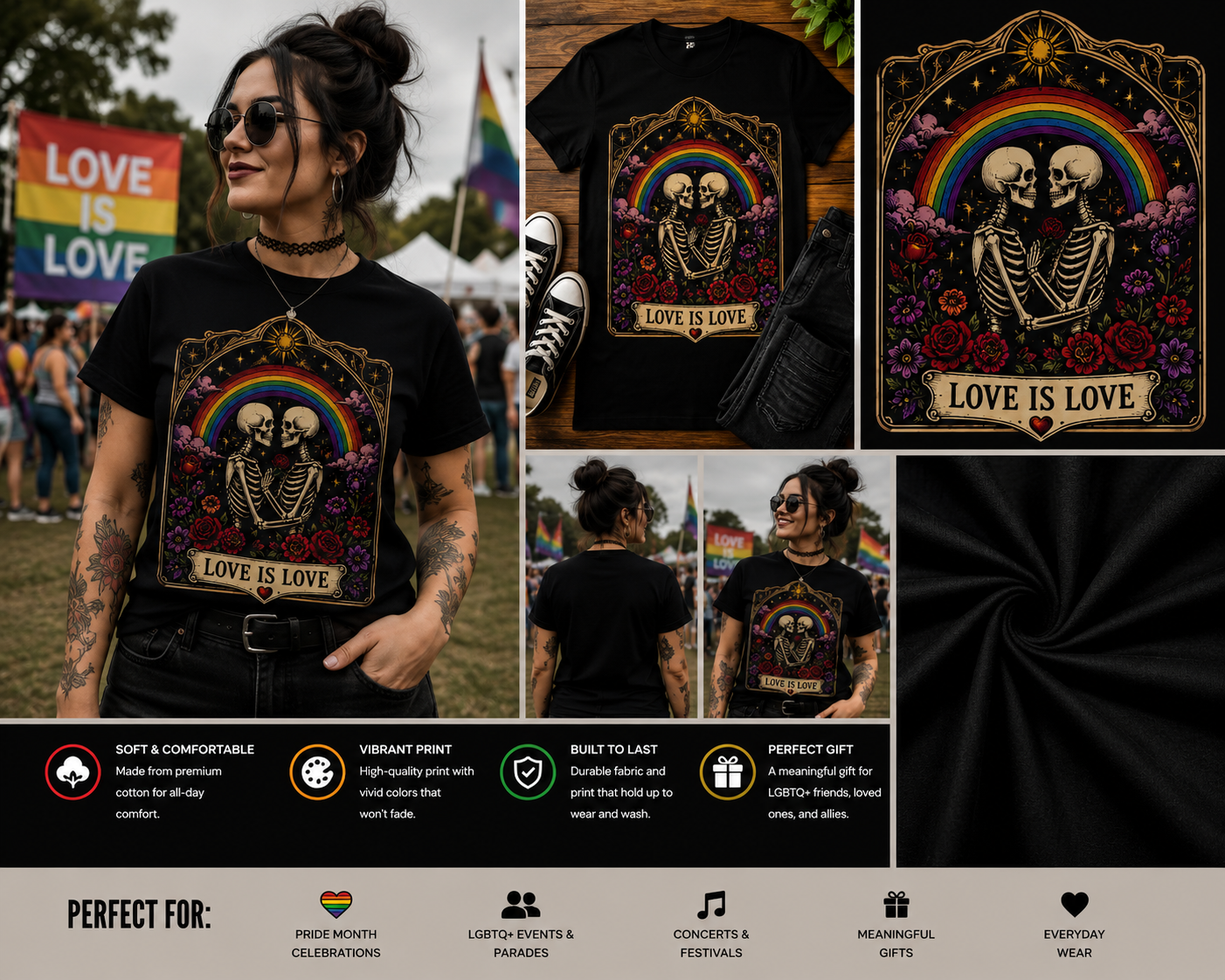 Love Is Love Rainbow Skeleton Gothic Pride T-Shirt – LGBTQ Tarot Card Graphic Tee