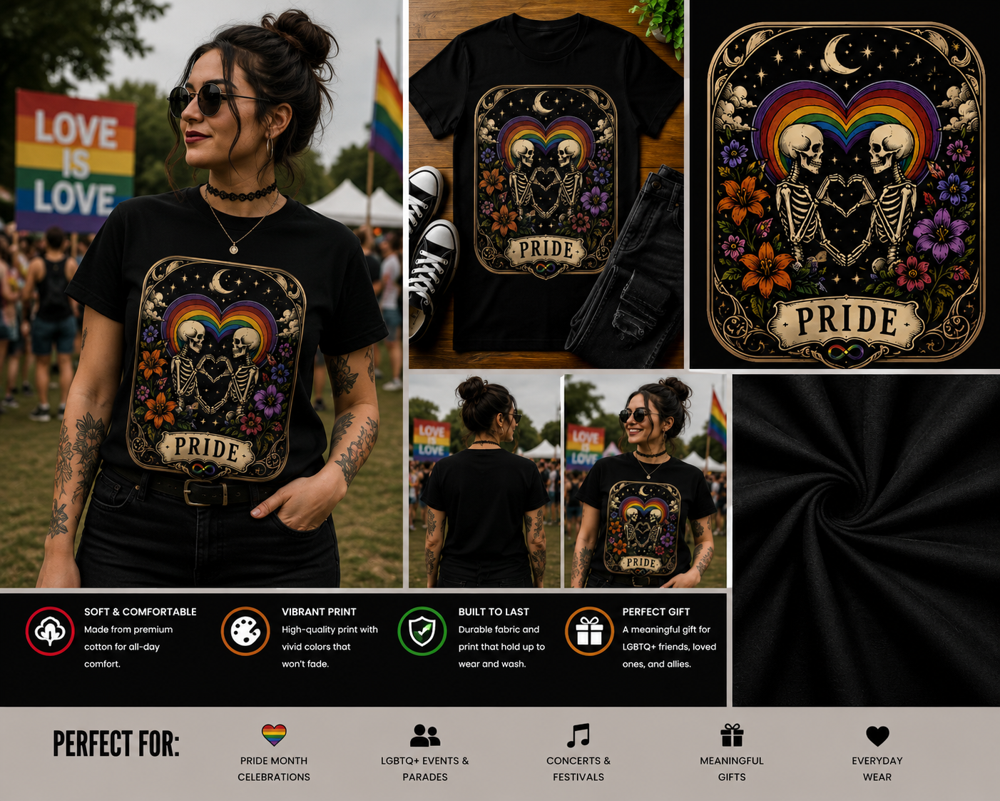 Pride Rainbow Heart Skeleton Lovers T-Shirt – LGBTQ Gothic Tarot Card Graphic Tee