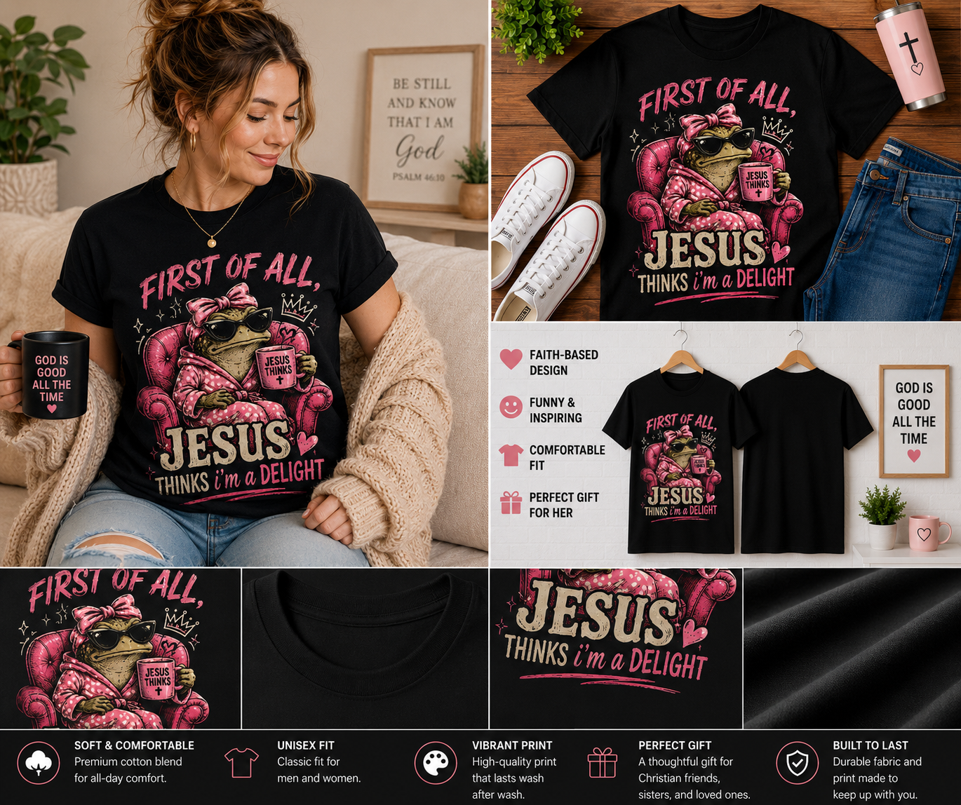 First of All Jesus Thinks I’m a Delight Funny Christian Frog T-Shirt | Cute Pink Cozy Faith Graphic Tee for Women