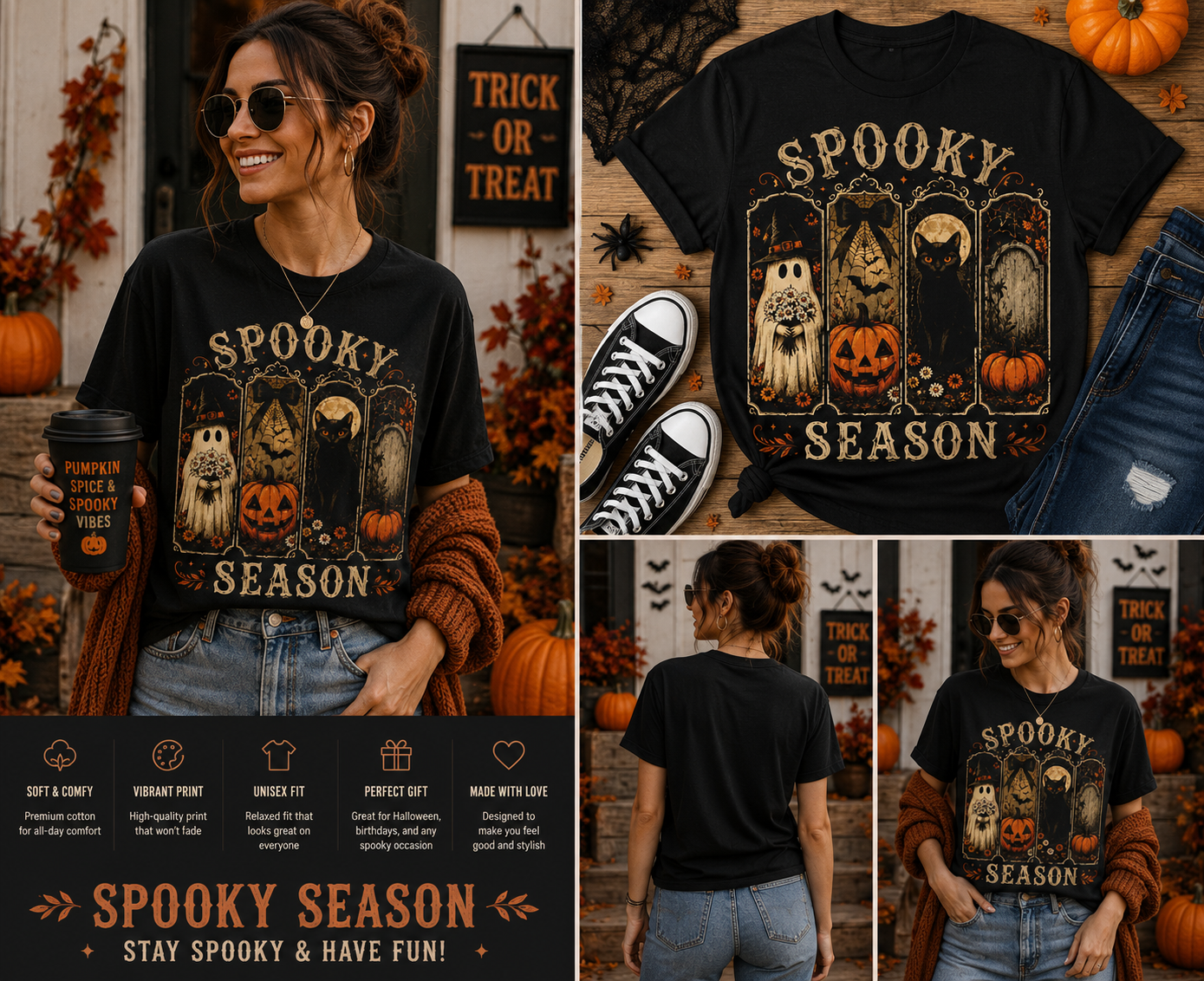 Spooky Season Vintage Halloween T-Shirt – Ghost Black Cat Pumpkin Retro Fall Graphic Tee