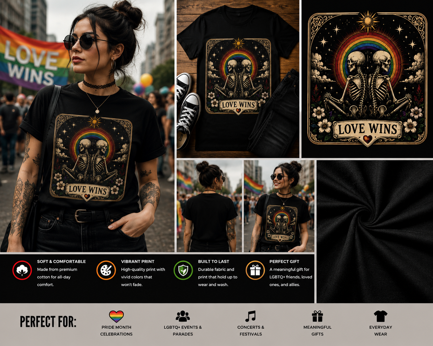 Love Wins Rainbow Skeleton Pride T-Shirt – LGBTQ Gothic Tarot Card Graphic Tee
