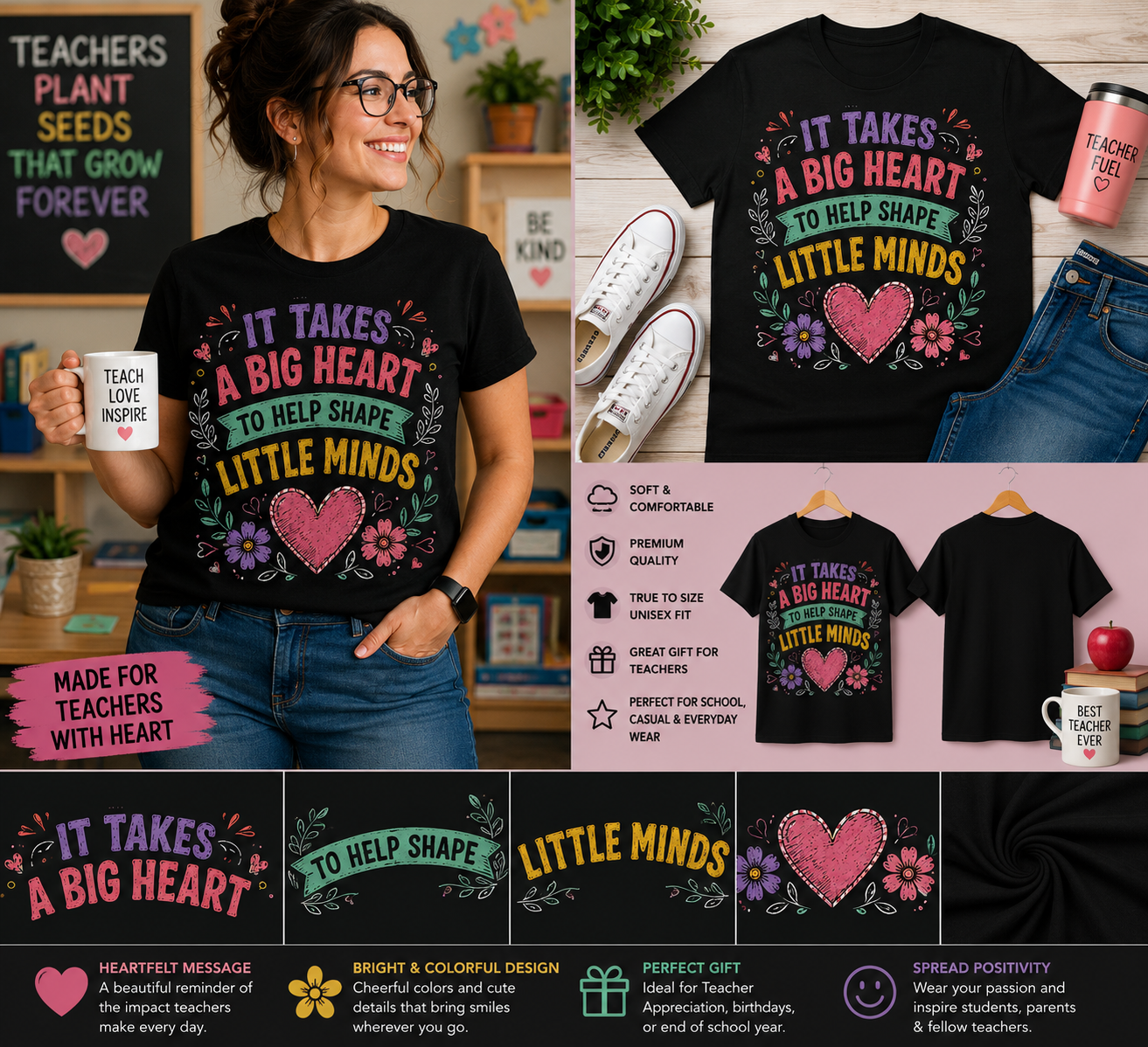 It Takes a Big Heart to Help Shape Little Minds Teacher T-Shirt Cute Inspirational Teacher Appreciation Tee