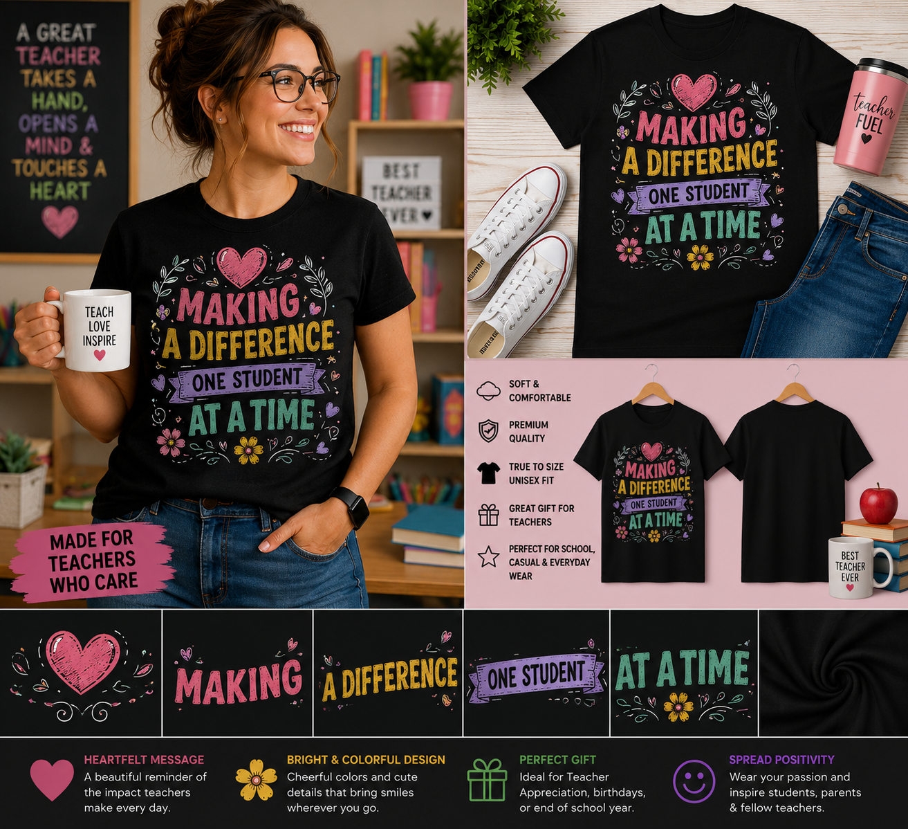 Making a Difference One Student at a Time Teacher T-Shirt Inspirational Teacher Appreciation Tee