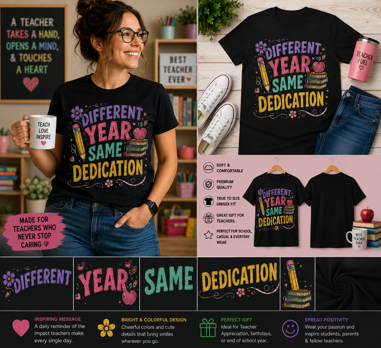 Different Year Same Dedication Teacher T-Shirt – Inspirational Back to School Gift for Educators