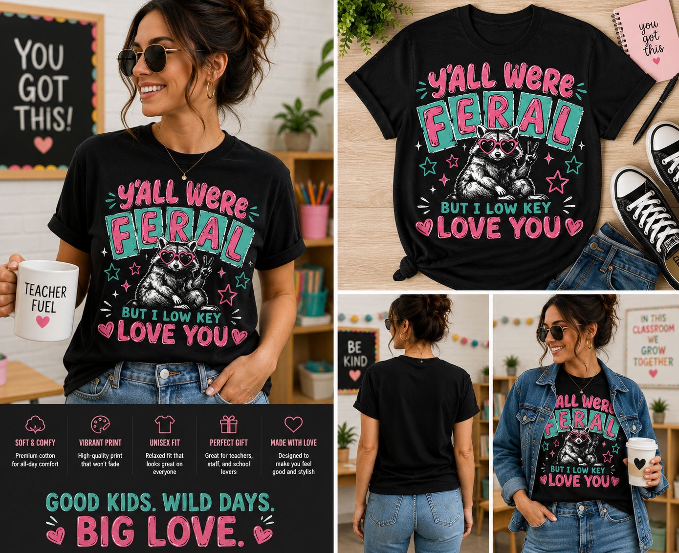 Y’all Were Feral But I Low Key Love You Raccoon Teacher T-Shirt – Funny Retro Back To School Graphic Tee