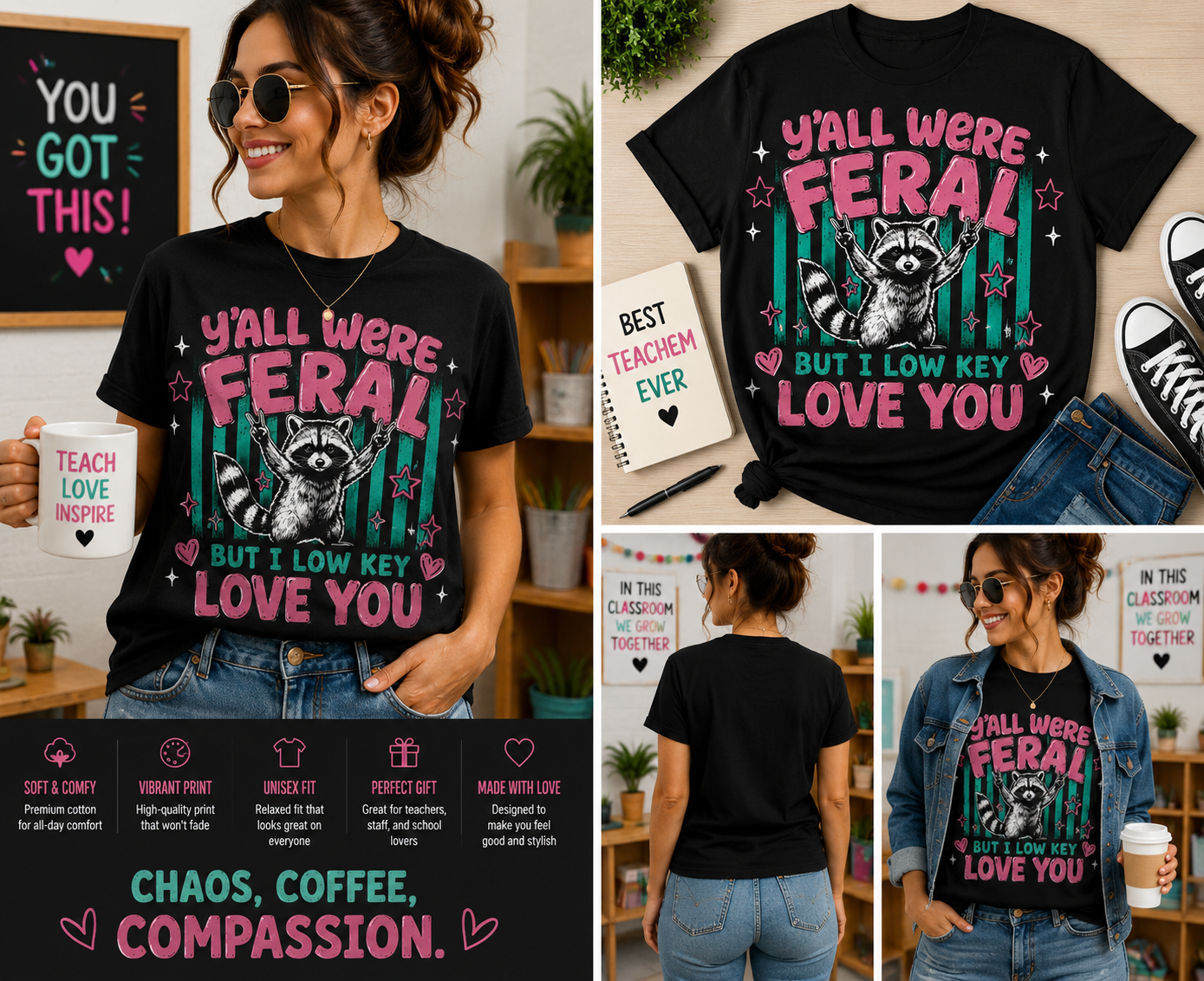 Y’all Were Feral But I Low Key Love You Raccoon T-Shirt – Funny Retro Teacher Graphic Tee
