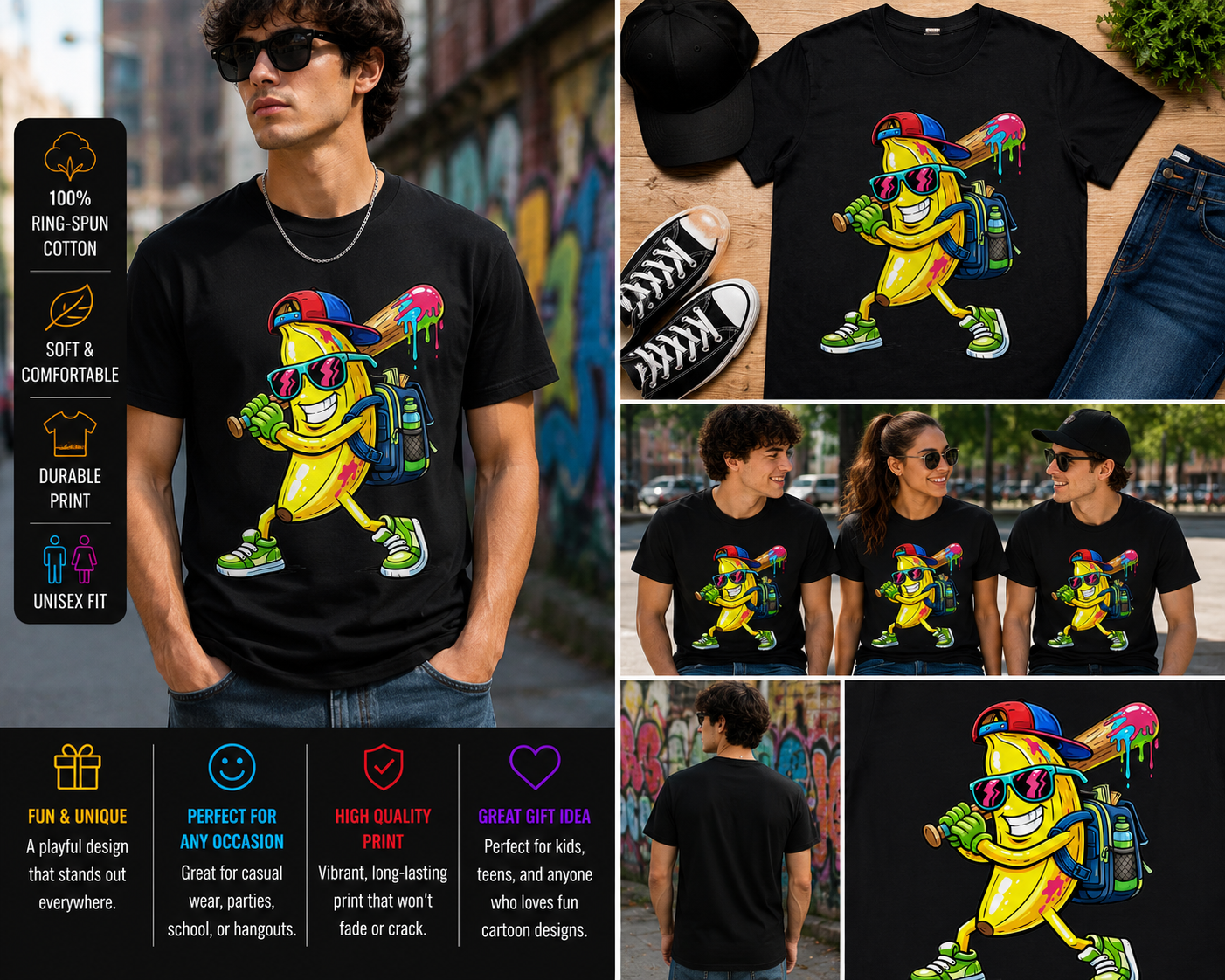 Cool Banana With Bat Shirt Funny Street Art Cartoon Meme Graphic T-Shirt