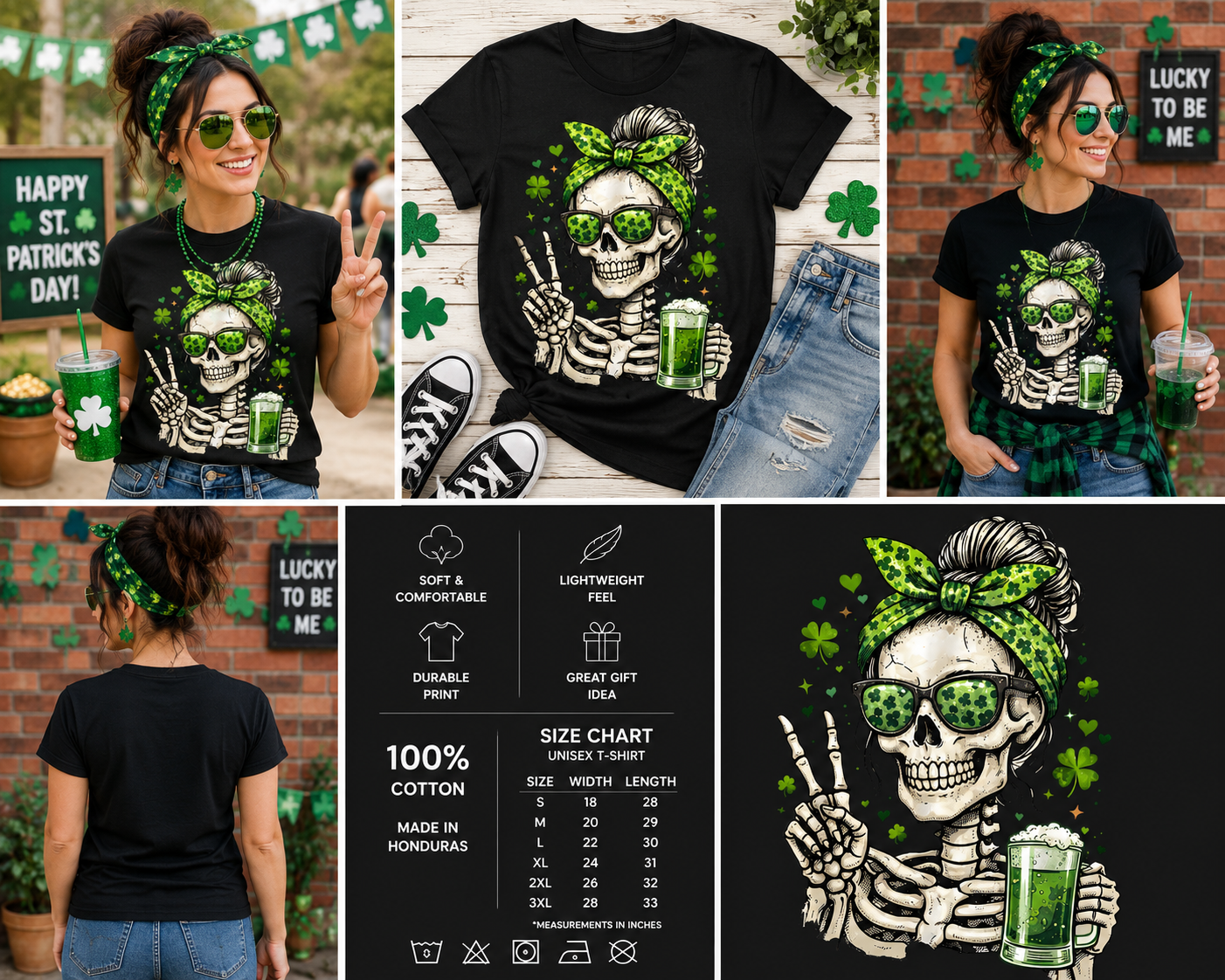 Funny St. Patrick’s Day Skull Messy Bun T-Shirt for Women – Irish Shamrock Skeleton Graphic Tee