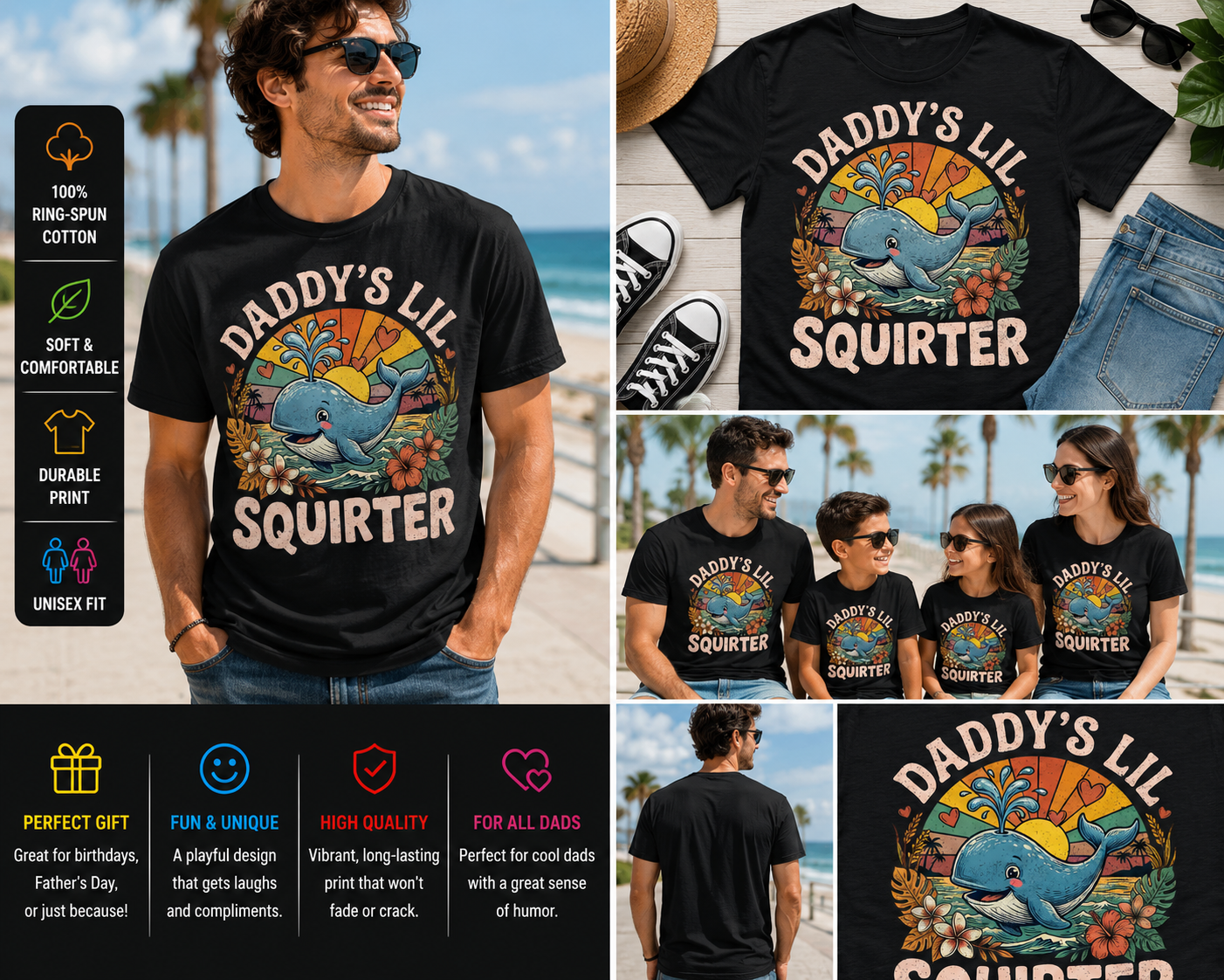 Daddy’s Lil Squirter Shirt Funny Whale Retro Sunset Ocean Graphic T-Shirt