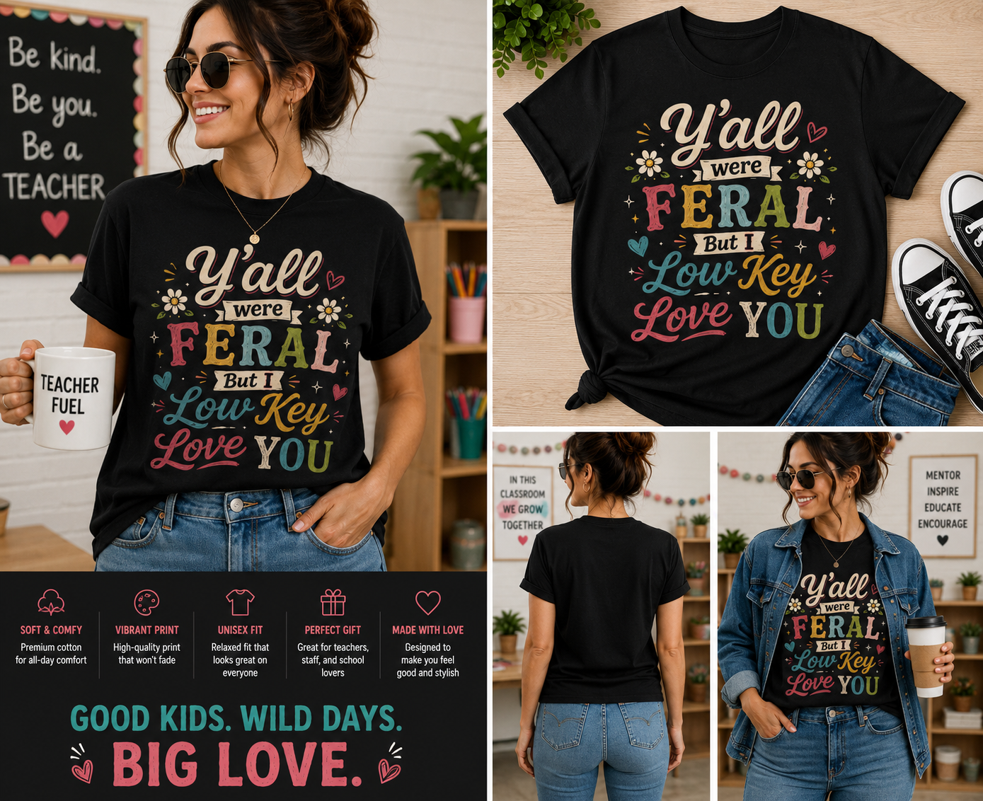 Y’all Were Feral But I Low Key Love You Teacher T-Shirt – Funny End of School Year Graphic Tee