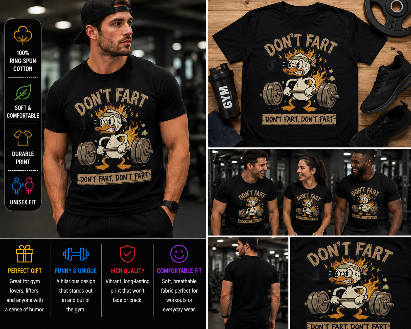 Don’t Fart Funny Gym Duck Shirt Weightlifting Workout Humor Graphic T-Shirt