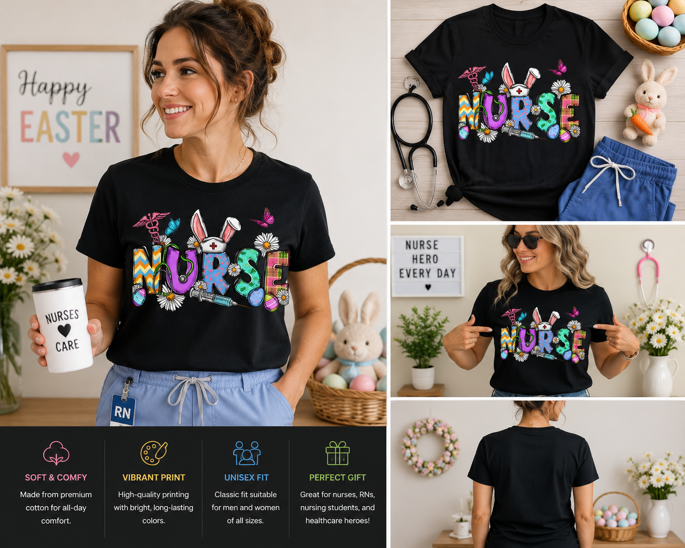 Cute Easter Nurse Bunny T-Shirt for Women – Funny RN Easter Scrubs Nurse Graphic Tee