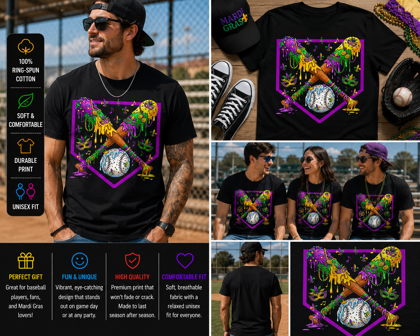 Mardi Gras Baseball Drip Shirt Colorful Carnival Softball Graphic T-Shirt