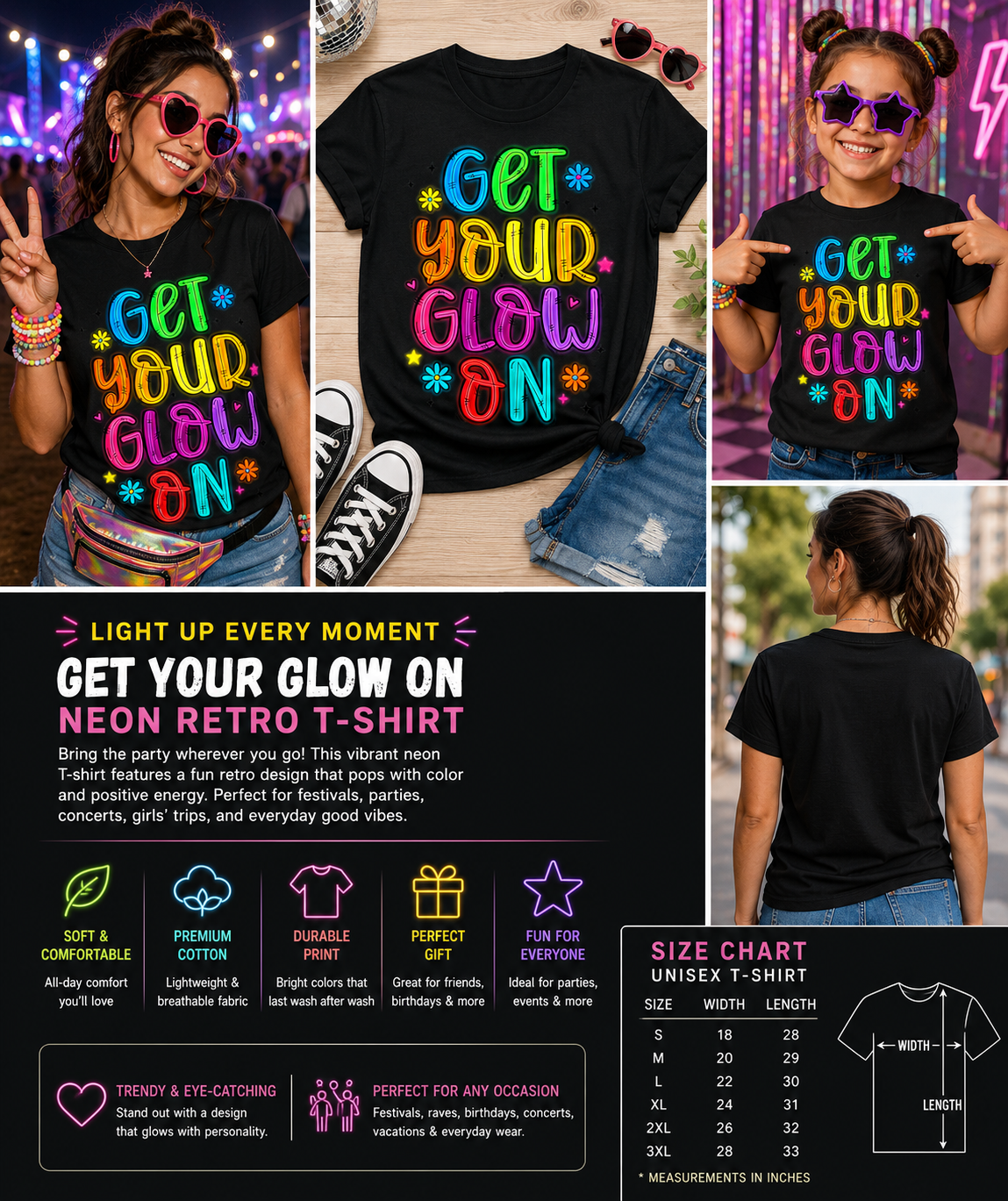 Get Your Glow On Neon Retro T-Shirt – Colorful Party Squad Graphic Tee