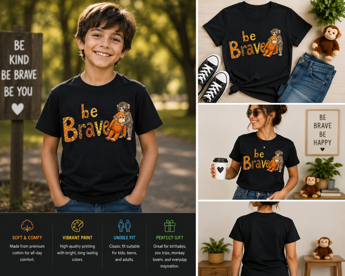 Be Brave Cute Monkey T-Shirt – Adorable Animal Inspiration Graphic Tee for Kids & Adults