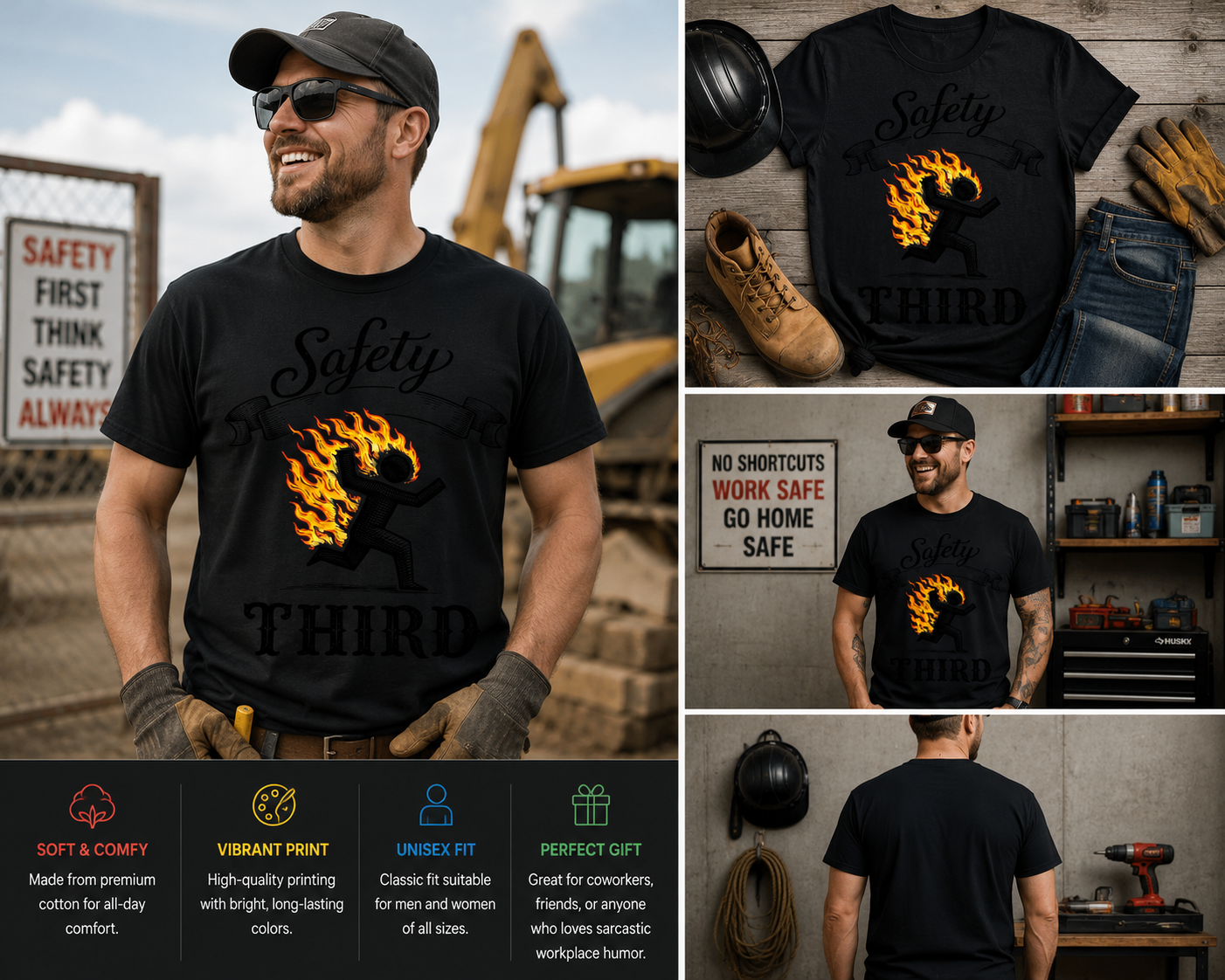Safety Third Funny Fire Stick Figure T-Shirt – Sarcastic Workplace Humor Graphic Tee