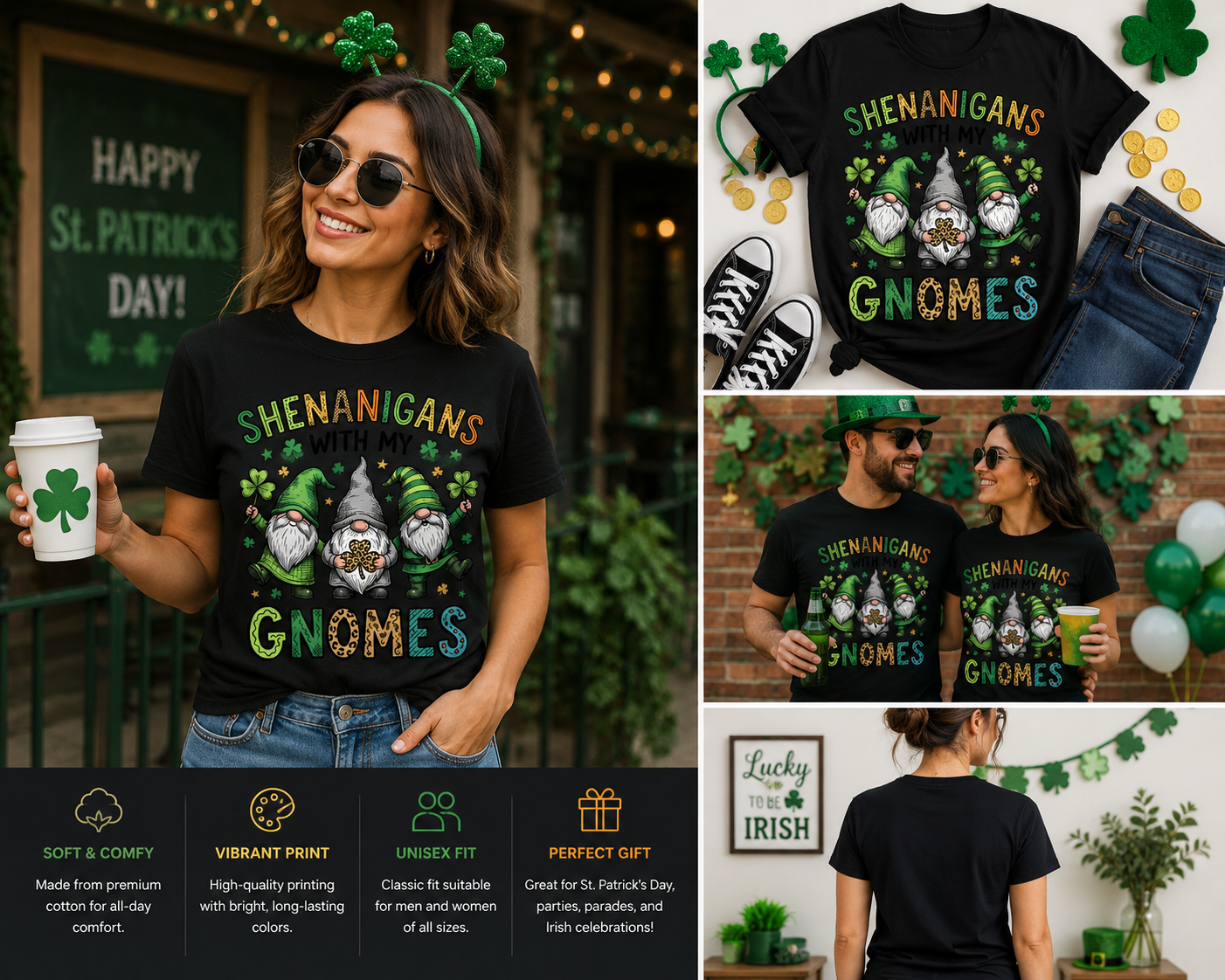 Shenanigans With My Gnomes St. Patrick’s Day Shirt, Funny Irish Gnome Tee, Lucky Shamrock Graphic T-Shirt for Women Men Kids