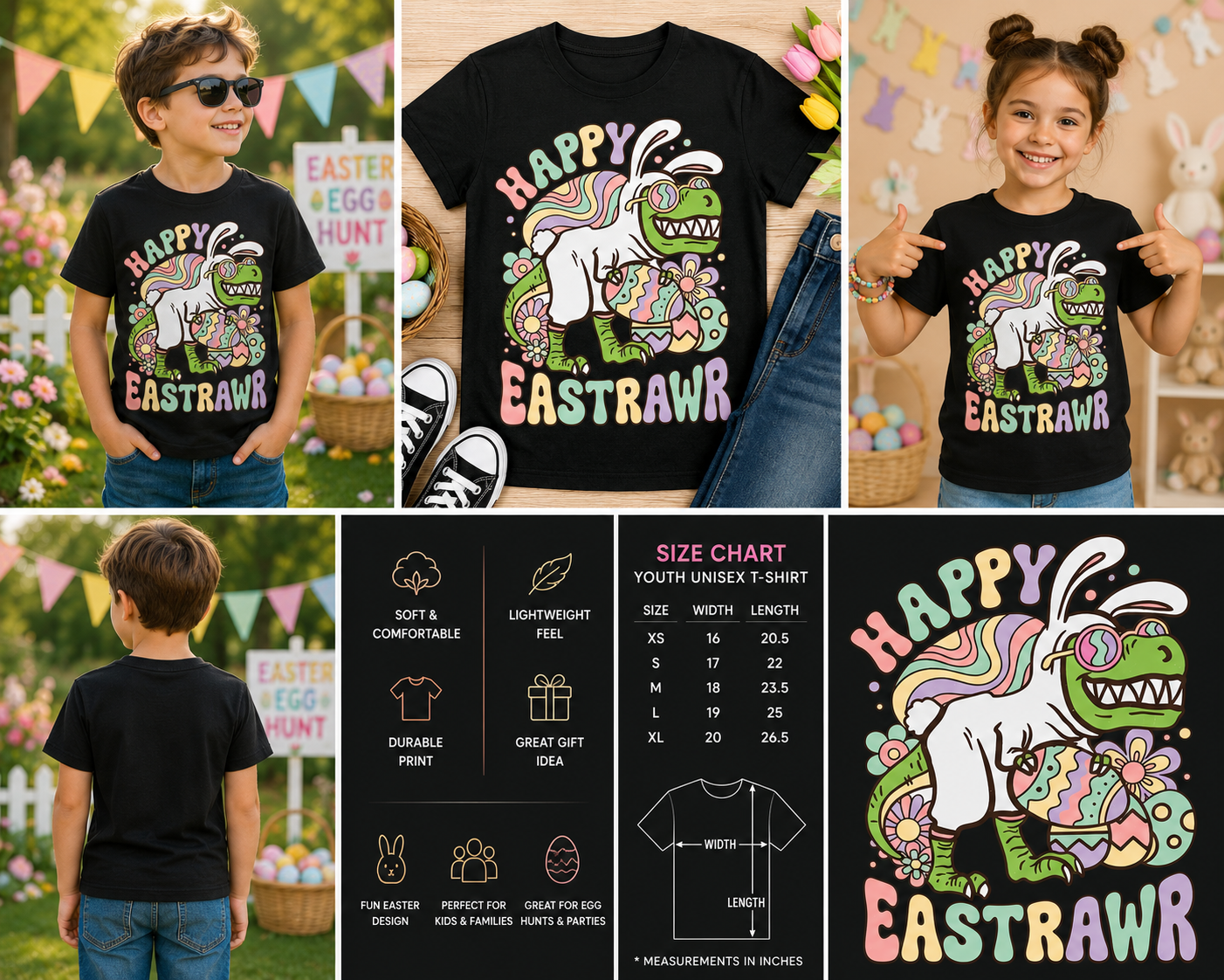 Happy Eastrawr Dinosaur Bunny Easter Graphic T-Shirt for Kids