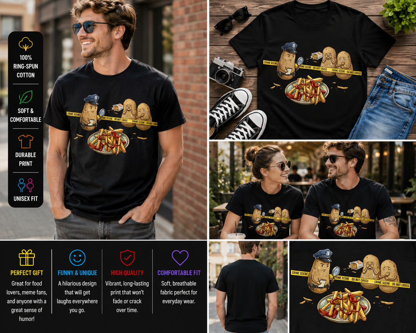 Funny Potato Crime Scene Fries Shirt Meme Food Humor Graphic T-Shirt